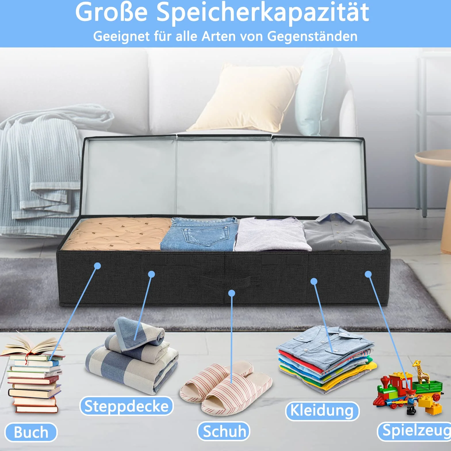 JUPELI 2 cajas de almacenamiento plegables debajo de la cama 15 cm negro con tapa y asa