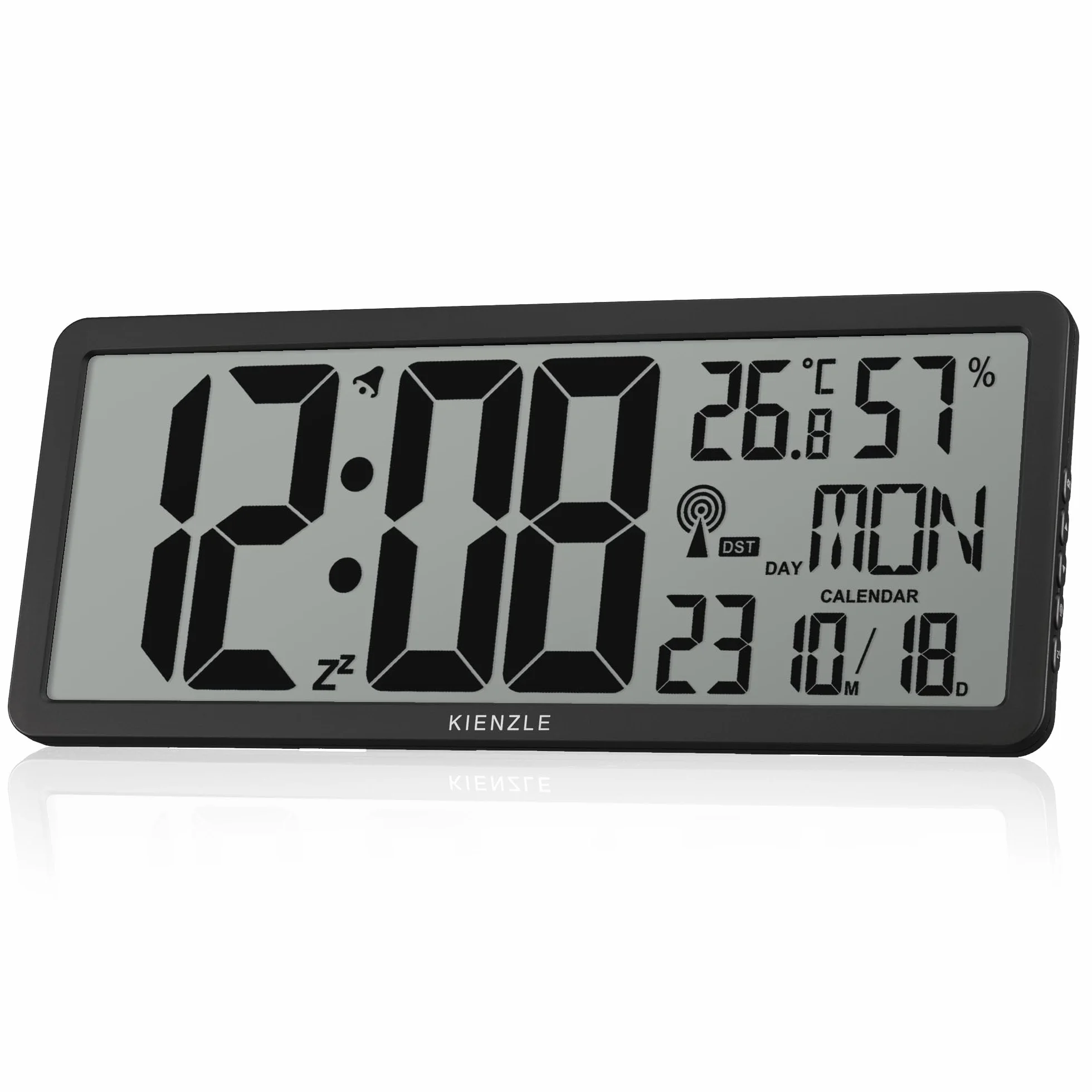 Kienzle Reloj de Pared Digital radiocontrolado XXL con Temperatura y Humedad Interior, Despertador, Fecha, Formato 12/24h, a Pilas, Color Plata