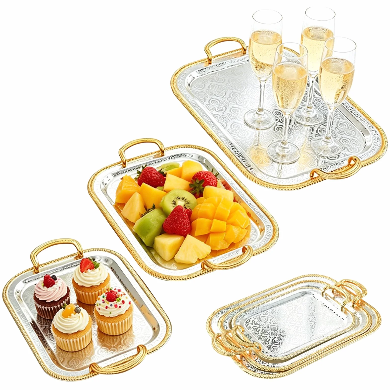 Bandeja Rectangular de Acero Inoxidable, 3 Piezas Bandeja para Servir Alimentos Fuente De Servir con Asas Plato De Comida para Fiesta Camping Barbacoa Compromiso Servicio Decorativo