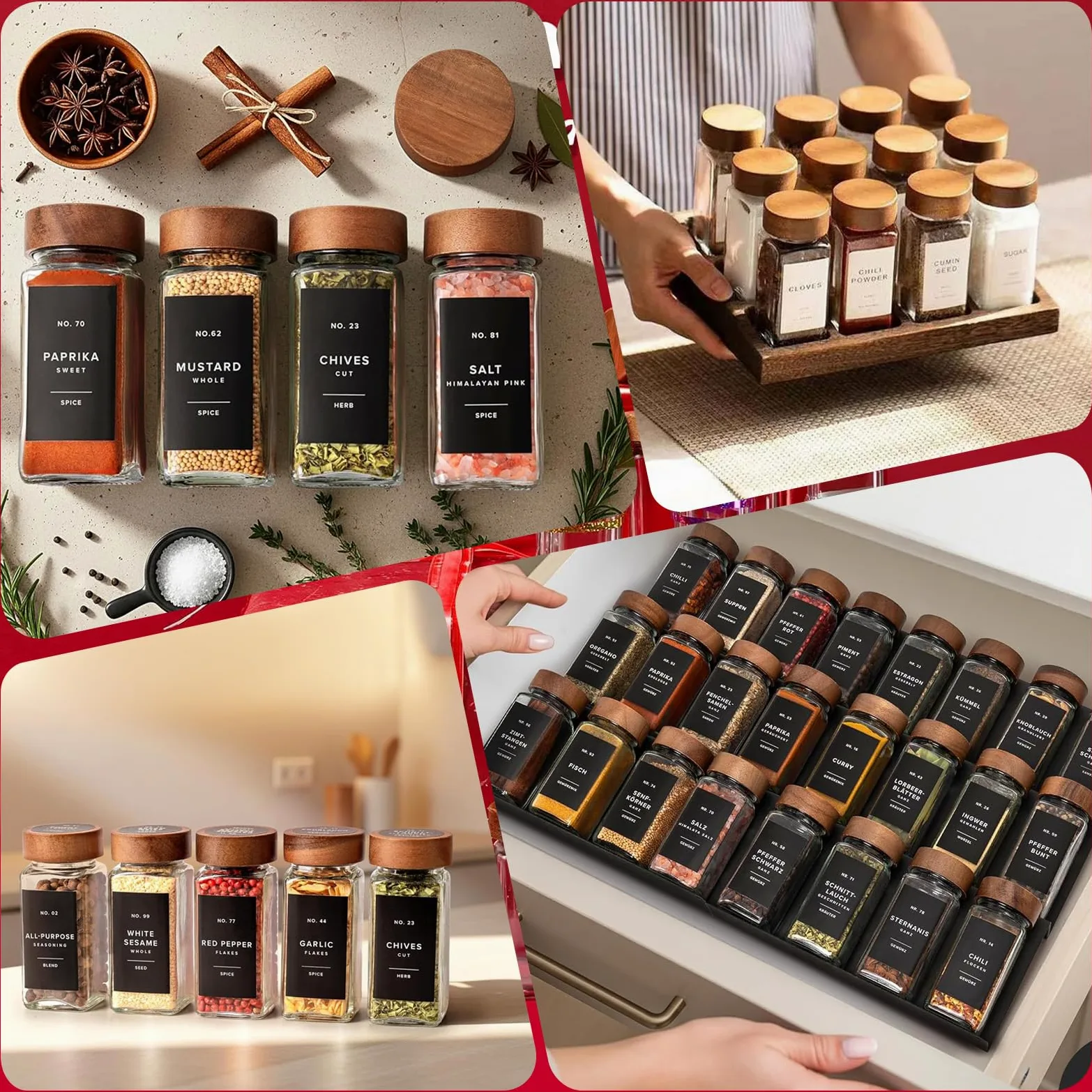 24 x Botes Especias Cristal 120ml con Tapa de Madera, Etiquetas, Embudo y Bolígrafo, Frascos Especiarias Cuadrados,Tarros de Vidrio Herméticos,Botellas de Condimentos para Cajones y Armarios de Cocina
