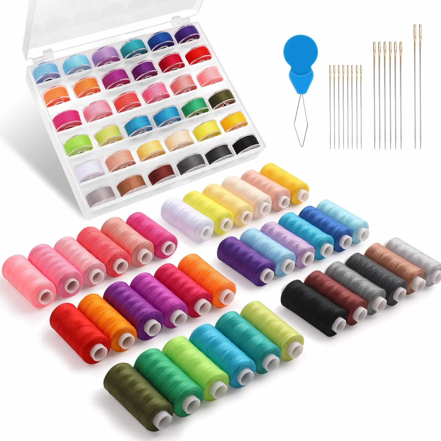 Auvitaya Juego de 72 bobinas de hilo de coser, 36 colores, 400 yardas por carrete, hilos de poliéster con agujas e enhebrador, juego de bobinas preenrolladas para coser a mano y a máquina, bricolaje y