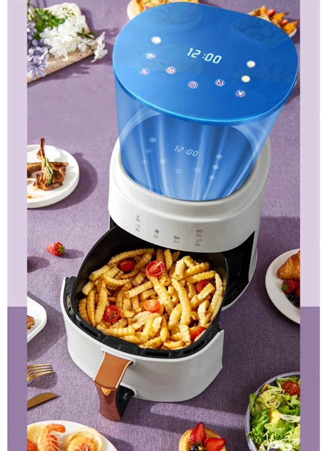 Horno freidora de aire con circulación rápida de aire, sin aceite, temporizador de 60 minutos, temperatura ajustable, cesta antiadherente, receta incluida, control inteligente para comidas familiares