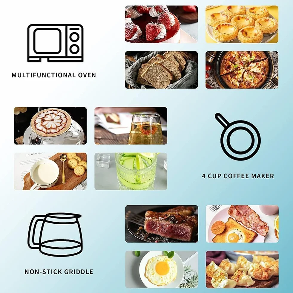 Máquina de Desayuno Eléctrica 3 en 1, Estación de Desayuno Multifuncional de 1050 W con Cafetera, Control de Temperatura de 100-230 ° y Temporización de 30 Minutos, Mini Horno para Máquina Blue