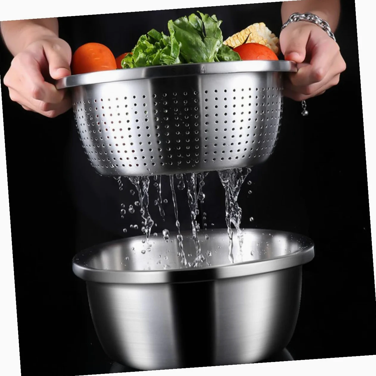 Colador Inoxidable de Acero Verduras Doble Capa | Plata, Malla Fina en Capa Interior, Portátil, para Lavar Fruta y Drenar Agua en Cocina o Camping