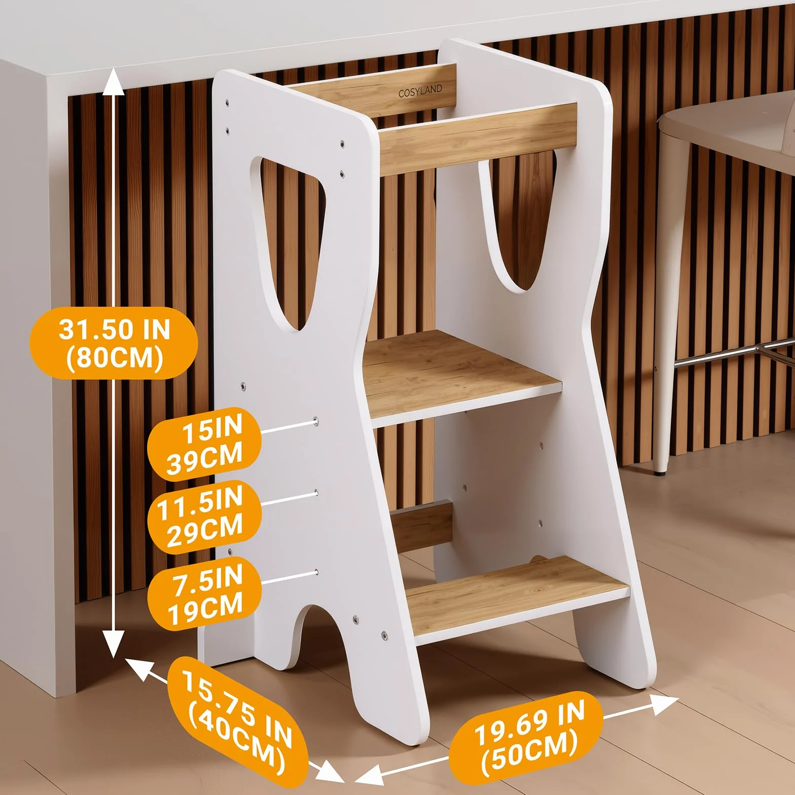 COSYLAND Torre de Aprendizaje Montessori Madera Altura Ajustable 3 Niveles Barandillas Seguridad Natural Blanco