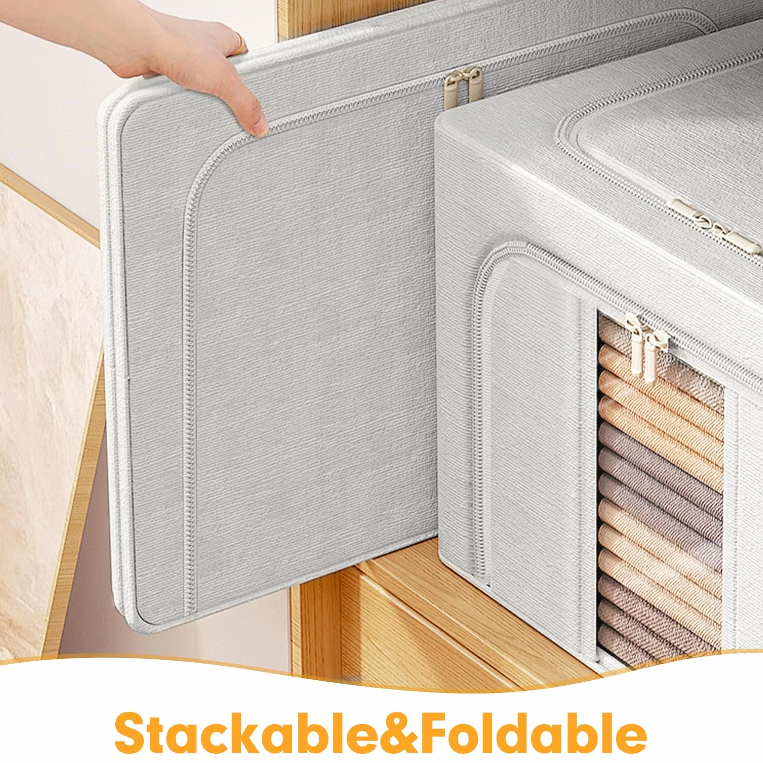 AIOR 2pcs Bolsa de Almacenamiento de Ropa con Estructura Metálica Plegable, 24L Tela Oxford Cajas de Almacenaje Ropa, Organizador Guardar para Juguetes Mantas
