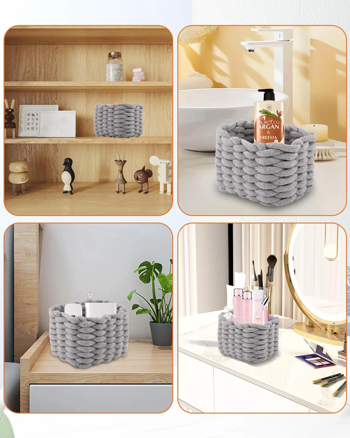 Juego de 2 Cestas Almacenaje Tejida Cuerda Algodón, Cajas Almacenaje Cuerda Algodón, Cesta Organizadora Bebe Hogar Gris