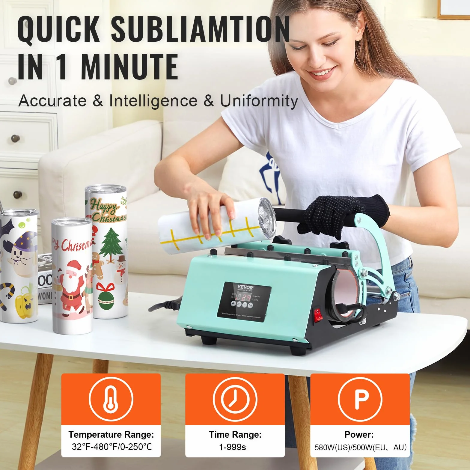 VEVOR Prensa de Calor para Tazas, Prensa de Impresión de Tazas con 8 Tazas Sublimables en Blanco de 59cl, Máquina de Sublimación de Capacidad de 32,5-89cl con Papel de Transferencia de Calor, Guantes