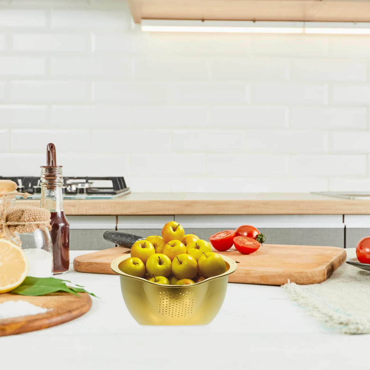 VALICLUD Colador de Cocina de Acero Inoxidable Dorado para Escurrir Verduras y Fideos, Cesta Estable para Almacenamiento y Lavado en Hogar
