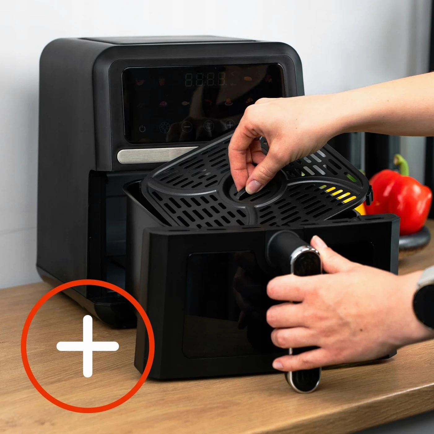 Freidora de Aire 5L 1500W, Air Fryer sin Aceite con 10 Programas Automáticos, 40–200°C, Pantalla LED Táctil, Cesta y Rejilla, Ventana de Visualización, Fácil Limpieza, Compacta, Negro
