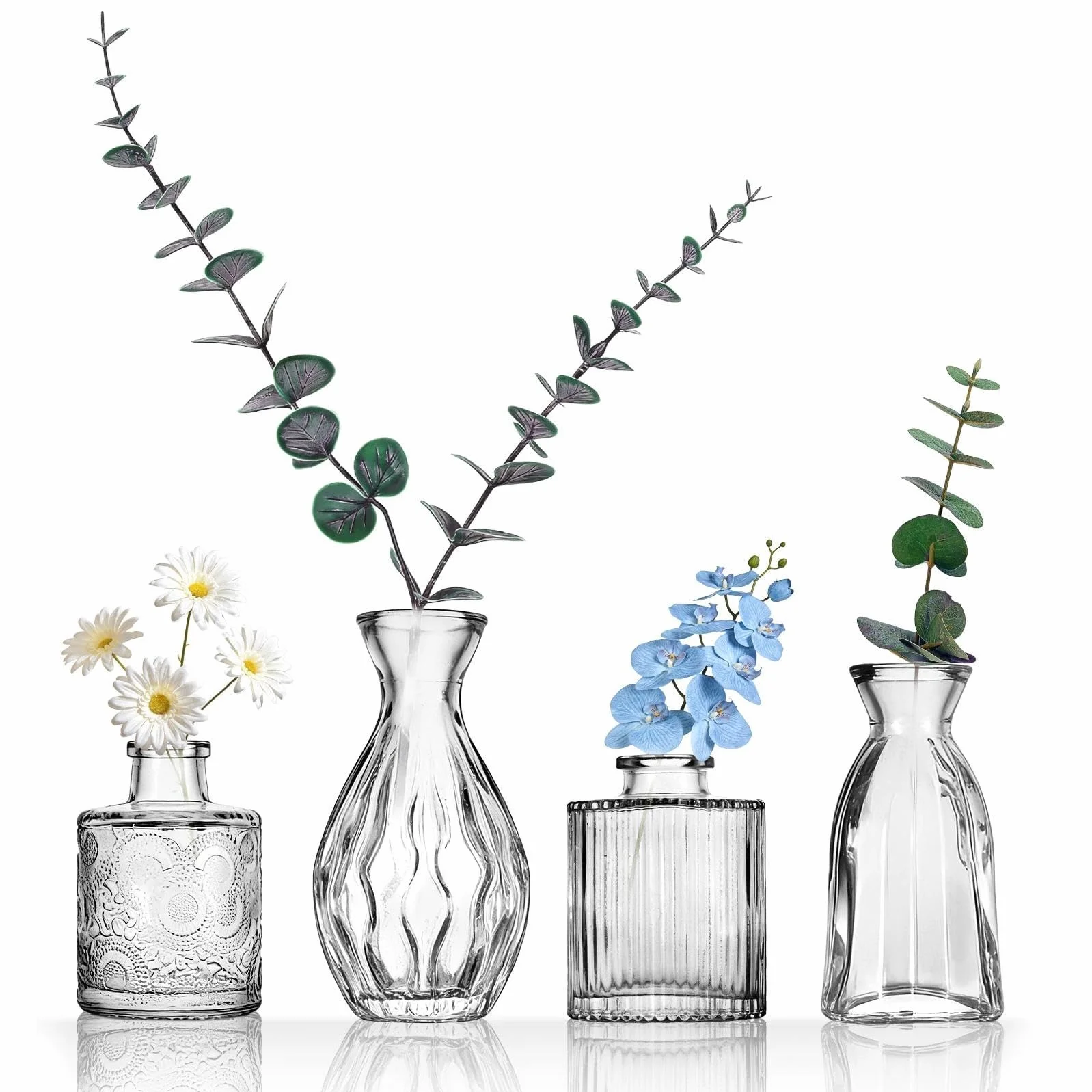 4 jarrones pequeños de cristal, estilo vintage con patrón estructural, para flores y decoración del hogar (transparente, 4 piezas)