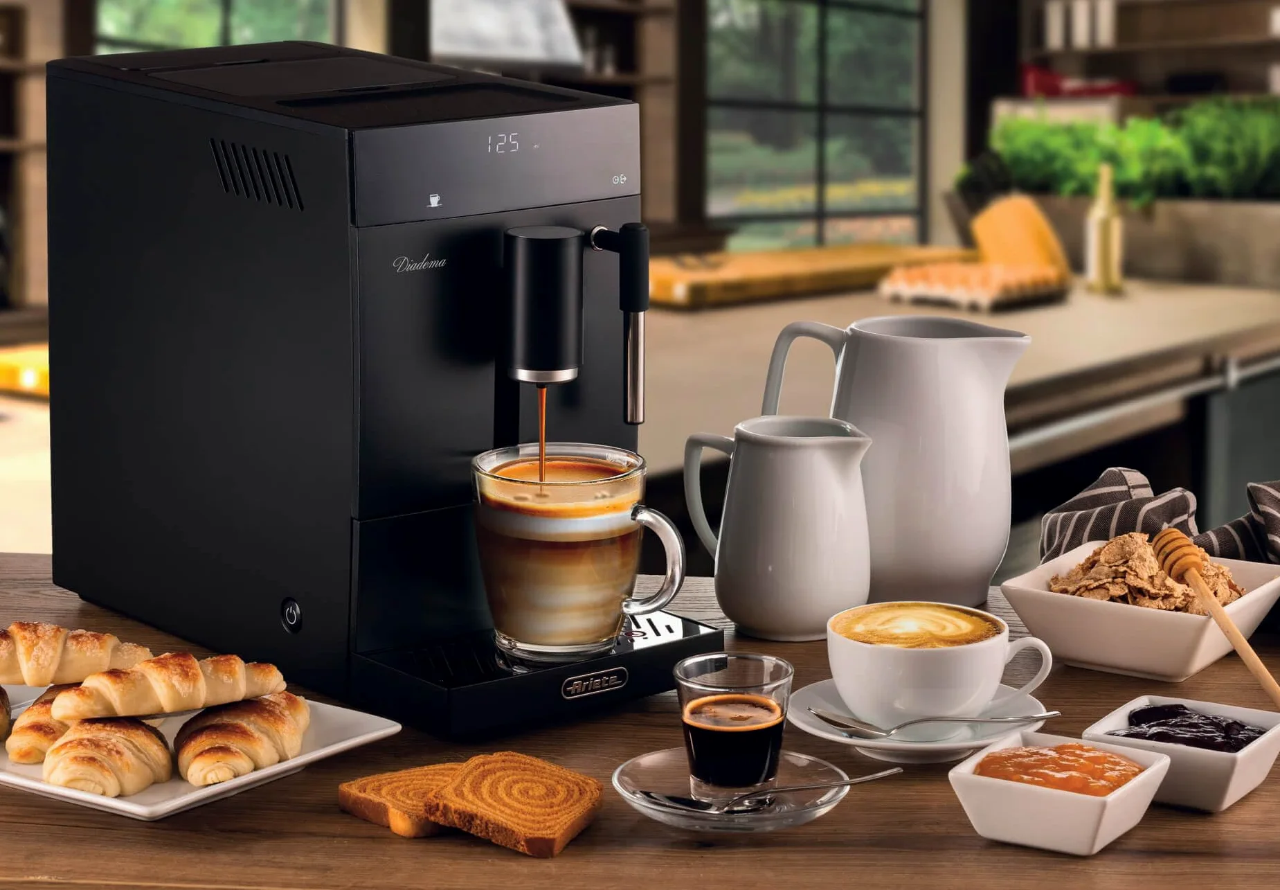 Ariete 1452 Diadema, cafetera automática, 1350W, 19 bar de presión, para café, americano y agua caliente, dispositivo capuchino, pantalla LED, dispensador ajustable, negro