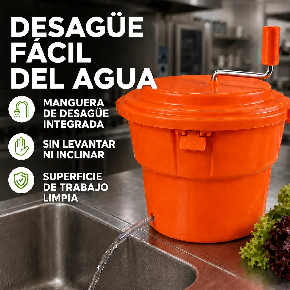 Centrífuga para Lechuga 25 litros, plástico Naranja, Ø 44 cm con Eje de transmisión Protegido, función de empaquetado y Manguera de desagüe, gastronomía, restaurantes escurridor de Ensalada