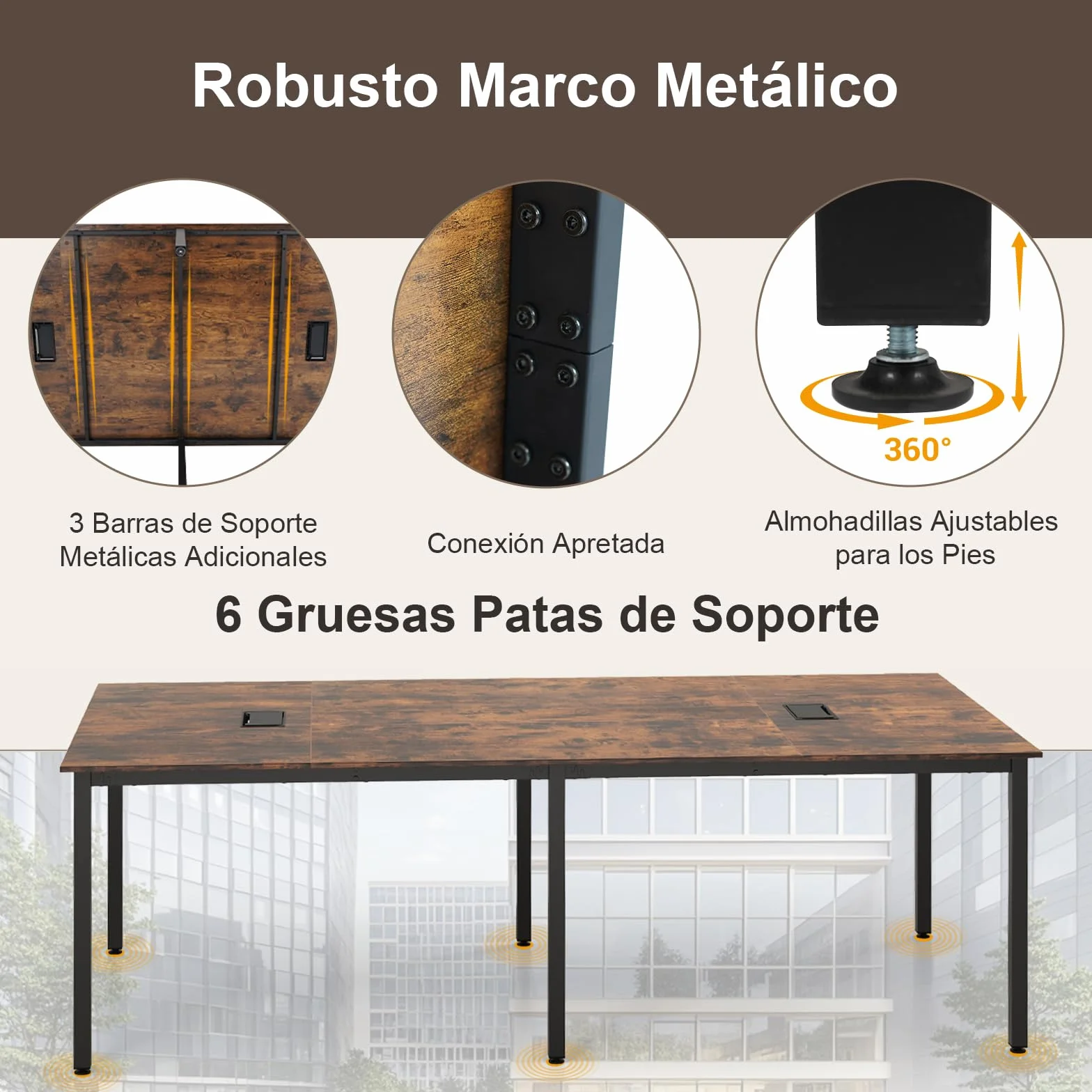 COSTWAY Mesa de Reunión 240 x 120 cm, Mesa Grande de para 10 Personas, Escritorio Rectangular con 2 Pasacables, Oficina, Sala de Juntas, Marrón Rústico