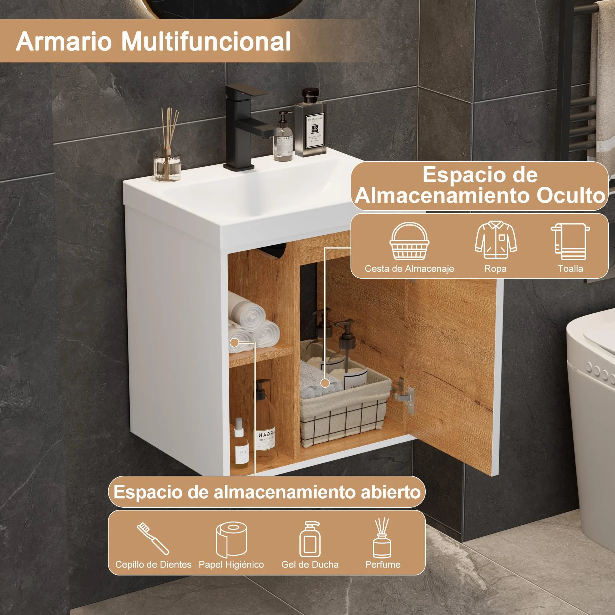UEV Mueble de Baño con Lavabo de Resina y Grifo en el Centro, Mueble de Baño Suspendido con Diseño único y Práctico, Motivo de Rayas Verticales, 49 x 37 x 50 cm, Blanco