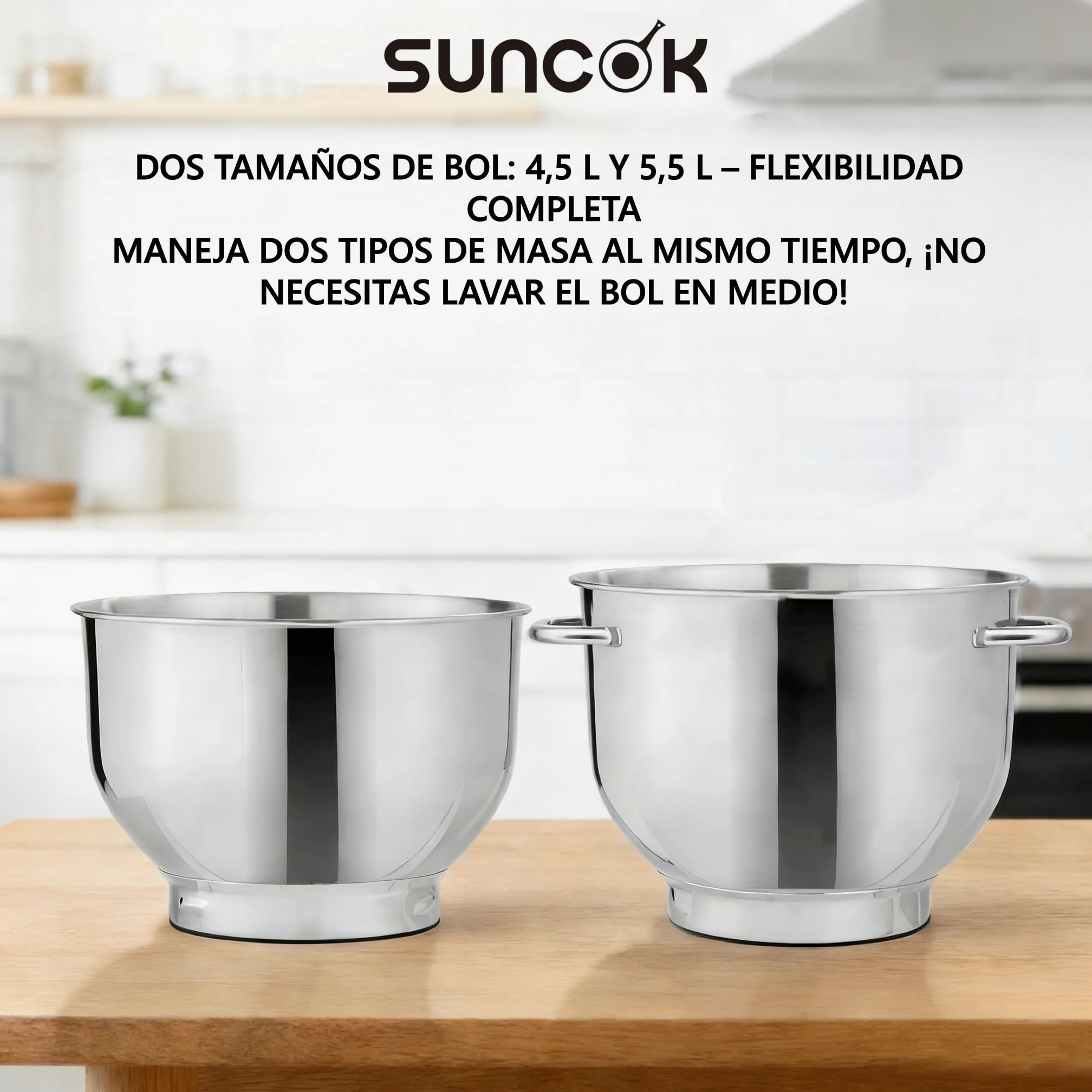 Batidora Amasadora 1500W, 2 Cubetas de Acero Inoxidable (4,5L/5,5L), 12 Velocidades, Fermentación/Calentamiento, Báscula, Temporizador, Bajo Ruido, 3 Accesorios de Mezcla (B03B, B03B-negro)