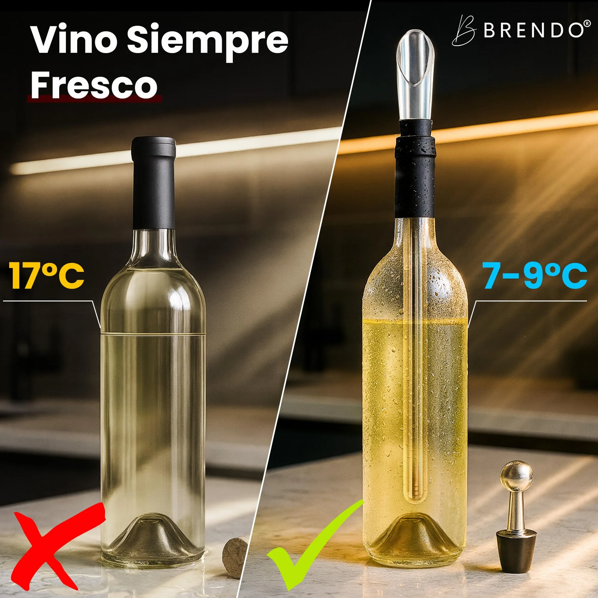 Brendo Enfriador de Botellas de Vino 4 en 1 – Varillas Enfriadoras de Acero Inoxidable en 2 Longitudes + Vertedor + Decantador + Tapón | Set de Regalo para Hombres y Mujeres | Accesorios para Vino
