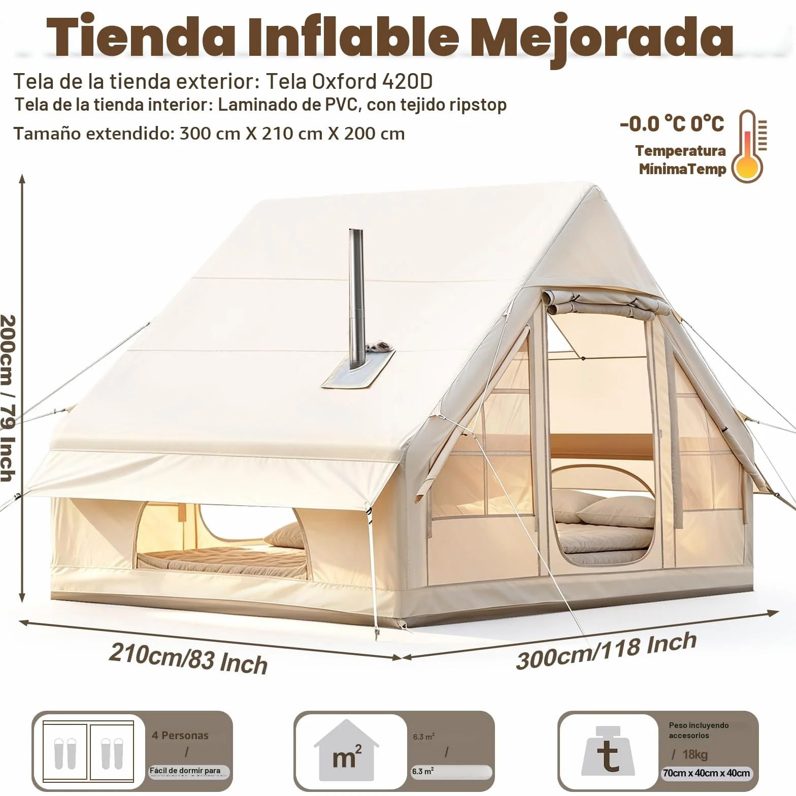 Tienda de campaña inflable 2-8 personas Oxford impermeable 4 estaciones con bomba de aire
