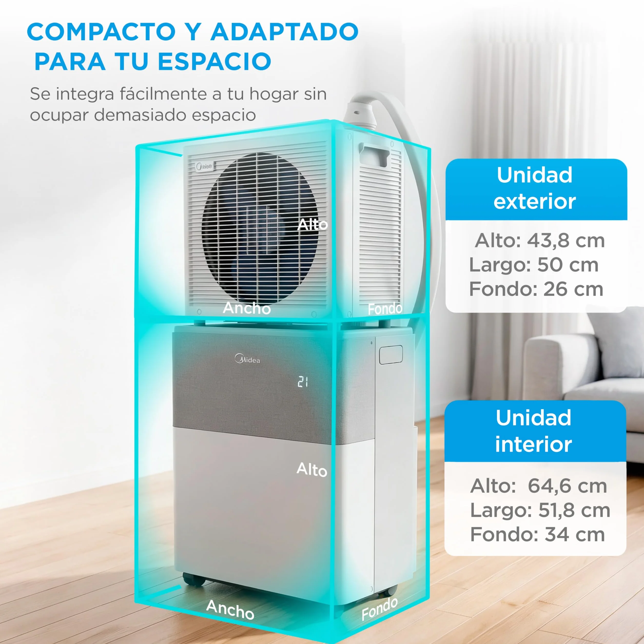 Midea Portasplit Aire Acondicionado Portatil 4 en 1 | 3000 frigorías / 12000 BTU | Split sin Obra de Bajo Consumo con modo Silence, App/Wifi, Deshumidificador, Calefacción y Ventilador hasta 45 m2