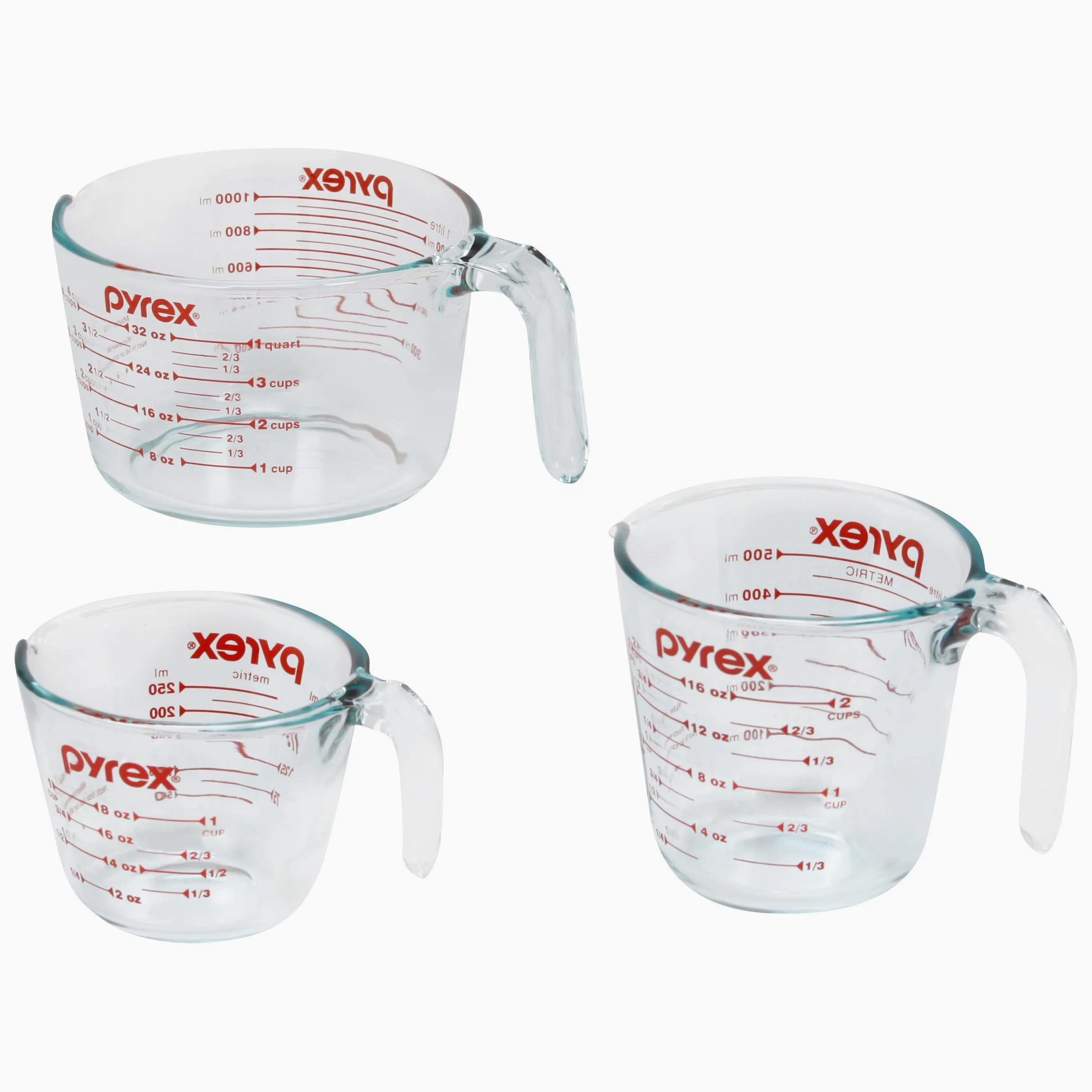 Pyrex Essentials - Juego de 3 tazas medidoras de vidrio (1, 2 y 4 tazas) para preparar, hornear y cocinar, horno precalentado, lavavajillas, congelador y microondas