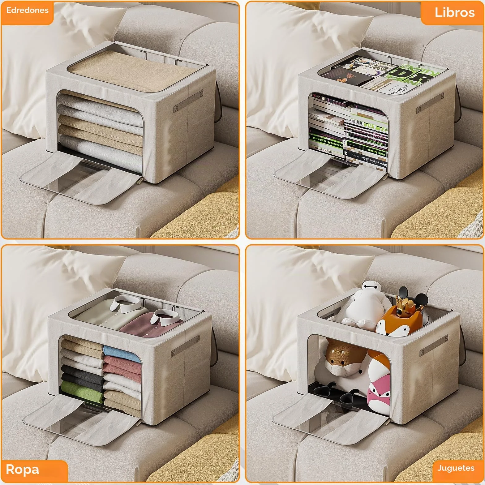 3 Piezas 24L Cajas Almacenaje Ropa Con Marco De Metal, Organizador Armario Apilable, Cajas De Almacenaje De Ropa Bolsa Para Guardar Ropa Plegable Para Ropa De Temporada Y Ropa De Cama Gris