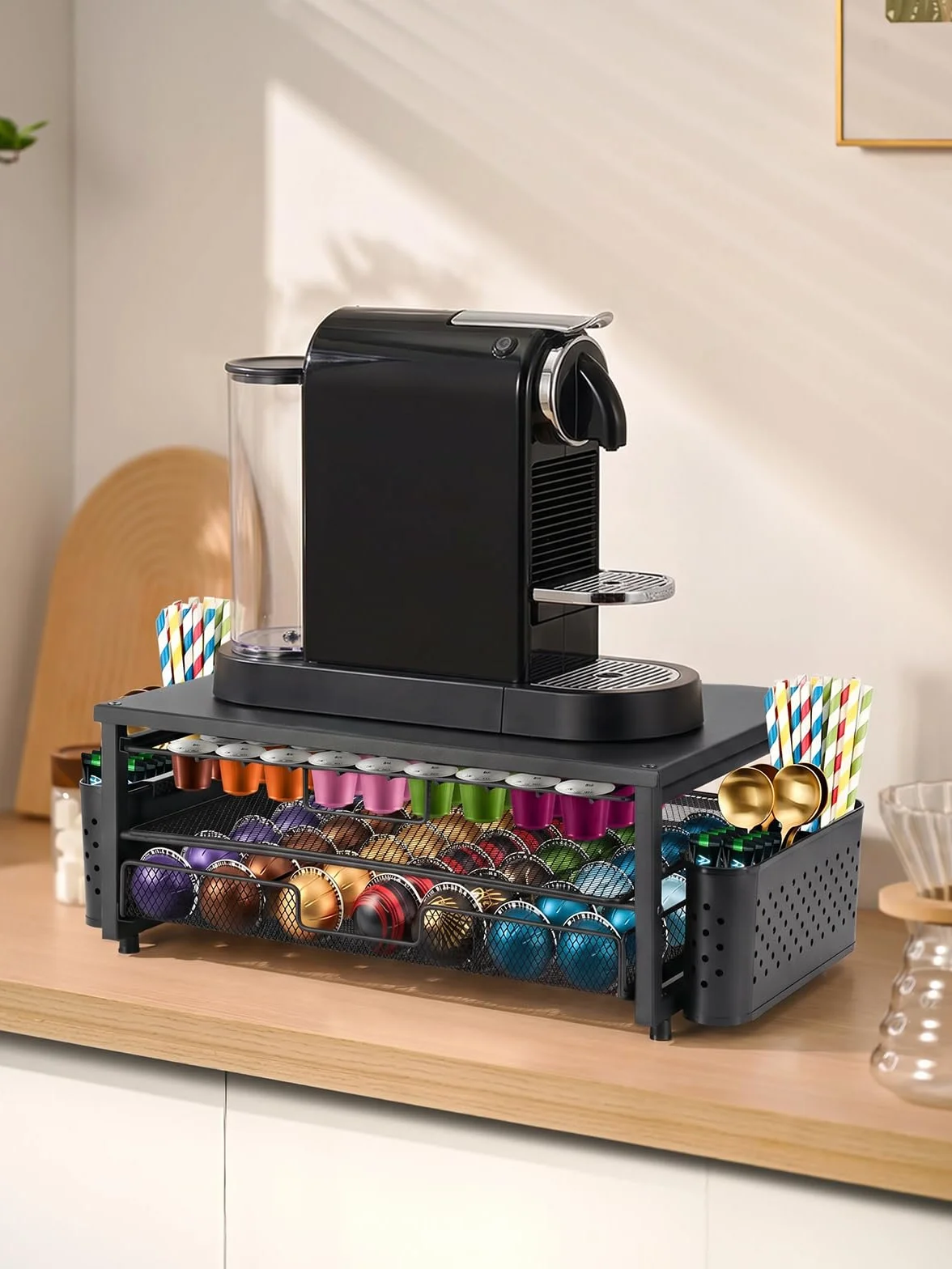 Weenkler Soporte para cápsulas de café con cajón de almacenamiento de 2 niveles – Estación de café compatible con cápsulas y máquinas Nespresso – 39,5 x 25,5 x 16,5 cm