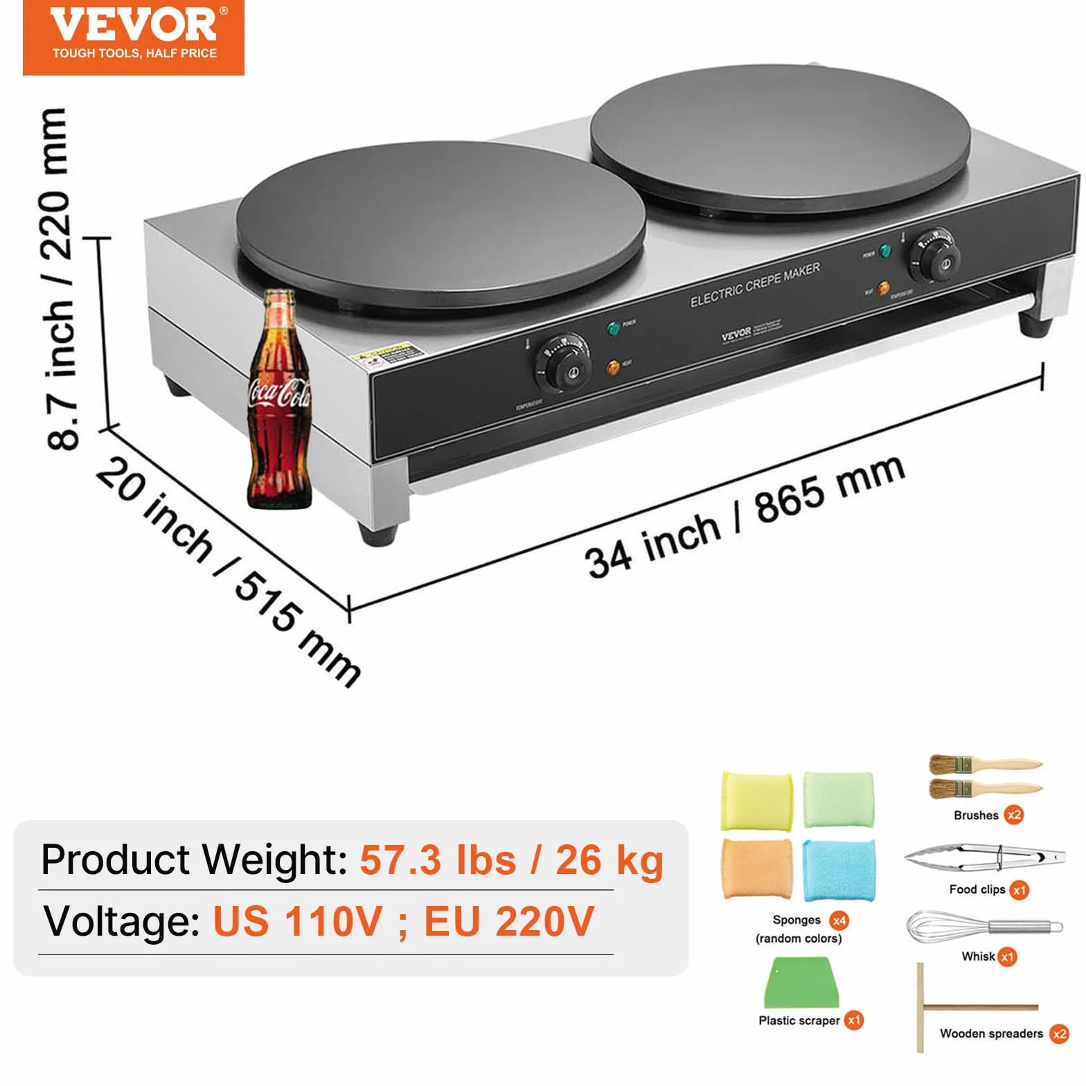 VEVOR Máquina de Crepes Comercial de Doble Cabezal de Placa Plana 6000 W, Antiadherente, Acero Inoxidable, Estufa Circular de Escritorio Panqueques y Cereales, Control Temperatura, (Sin Enchufe)