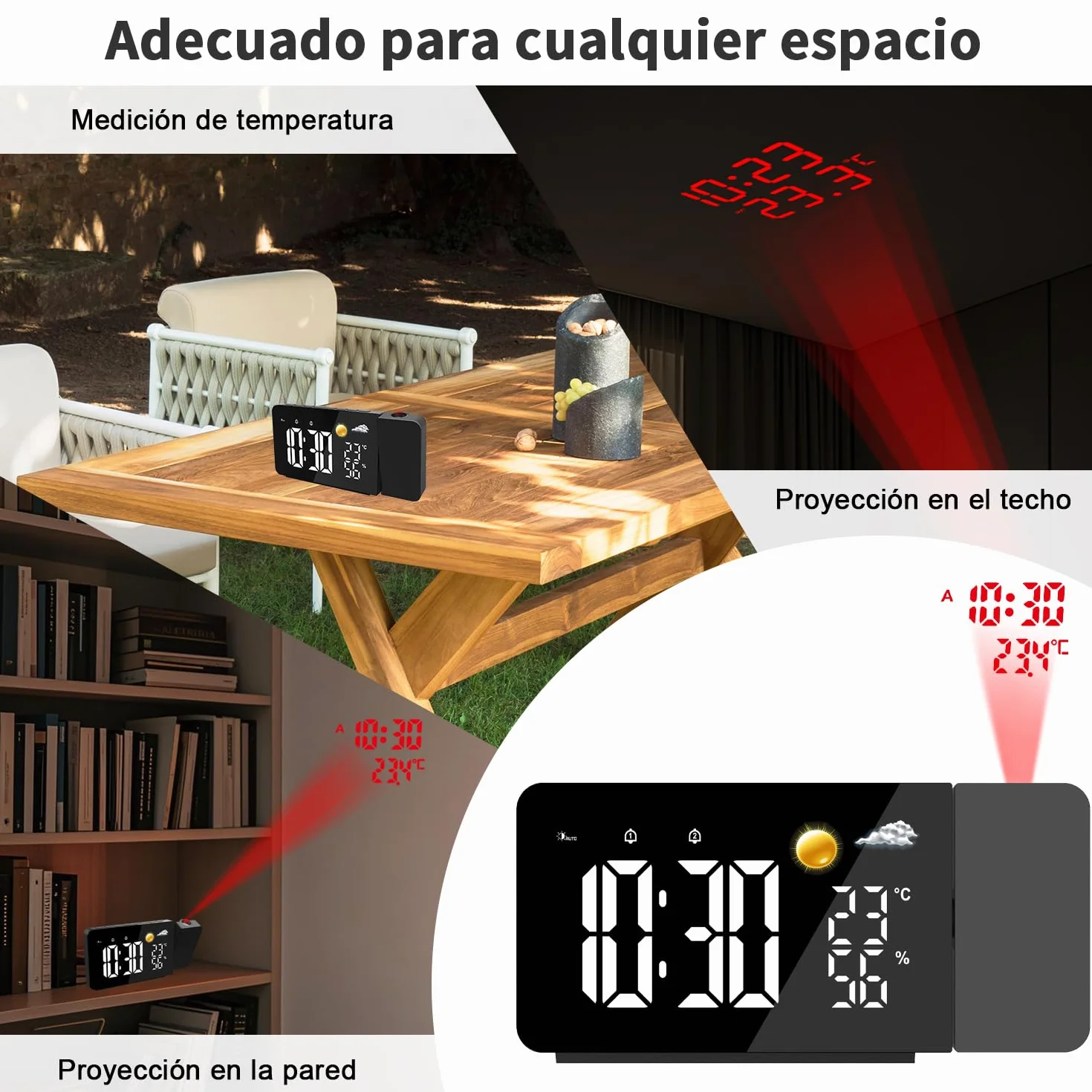 Uzoli EM3211A Despertador con proyector techo y pantalla LED, Previsión del tiempo 8h, Temperatura, Humedad, 2 Alarmas, Función de snooze, Proyección de 180°, 10 Tonos, Reloj ideal para casa u oficina