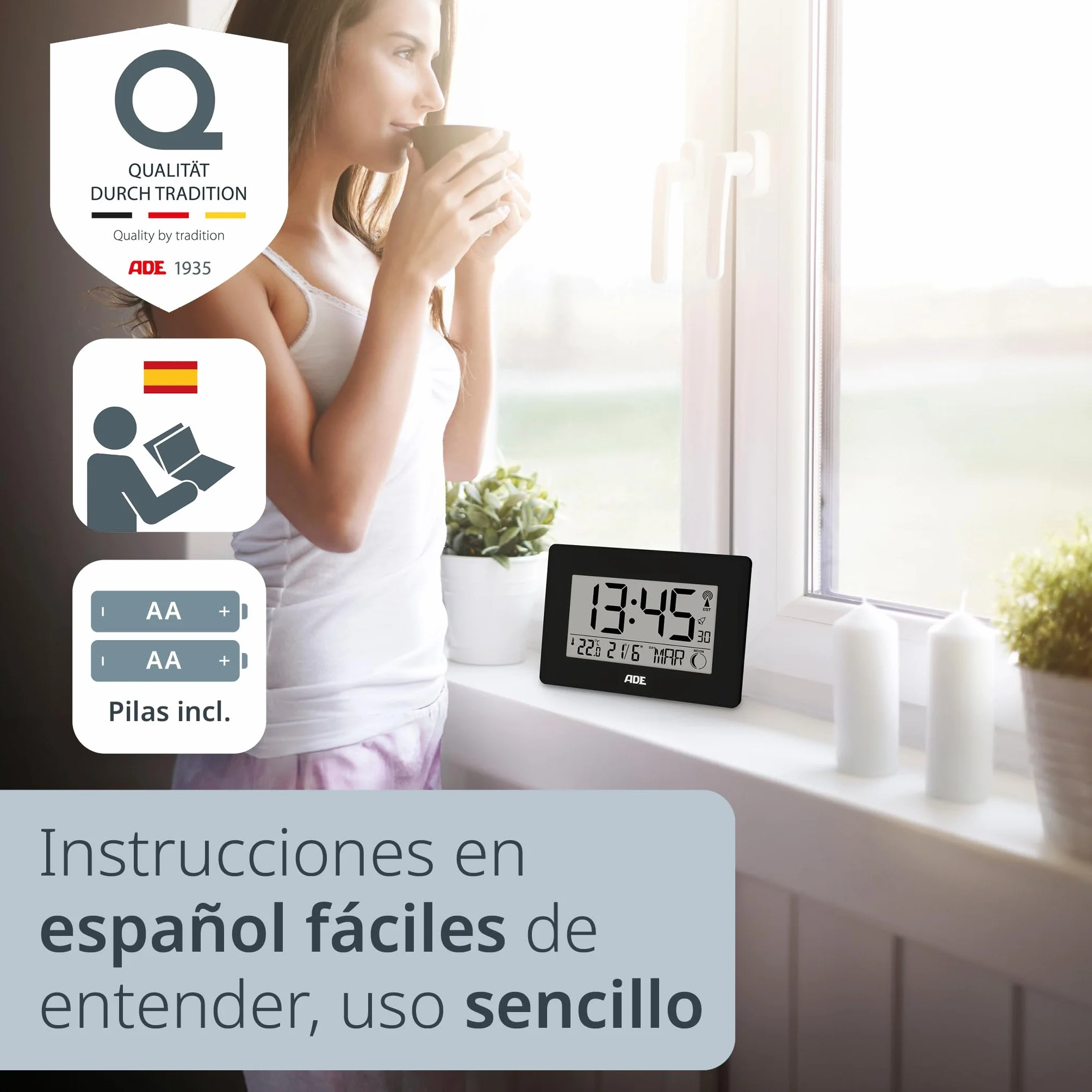 ADE Reloj Digital Grande radiocontrolado con dígitos XXL | Reloj de sobremesa y de Pared con Calendario | con termómetro | Despertador radiocontrolado a Pilas | Negro