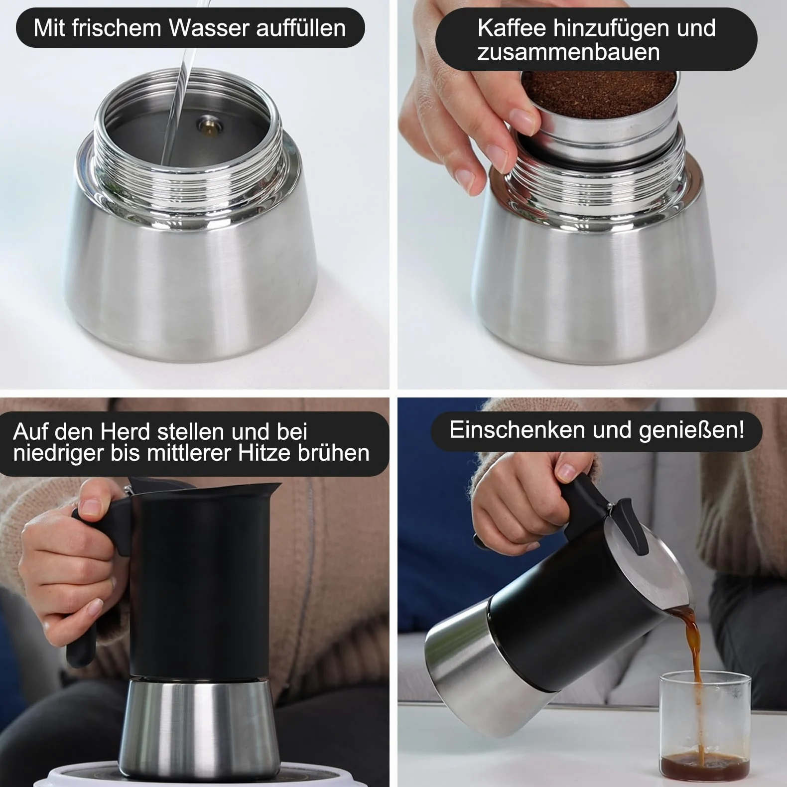 Sivaphe Cafetera de espresso de inducción, cocina de acero inoxidable, cafetera de espresso, cafetera moka, cafetera expreso sin aluminio, 6 tazas, 300 ml, color negro