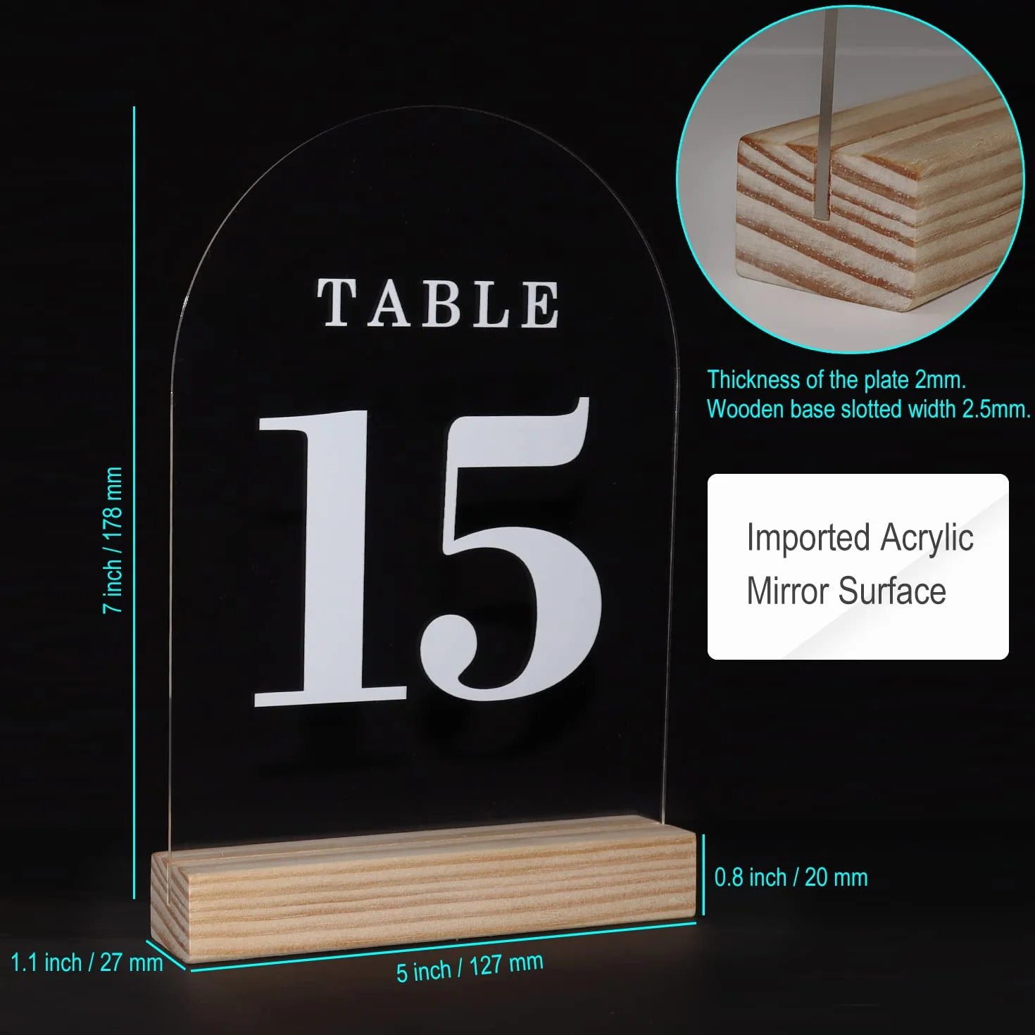 Letrero acrílico con números de mesa de soporte de madera, paquete de 10 hojas de acrílico transparente para bodas, letreros de arco acrílico de 5 x 7 pulgadas en blanco para restaurante, fiesta,