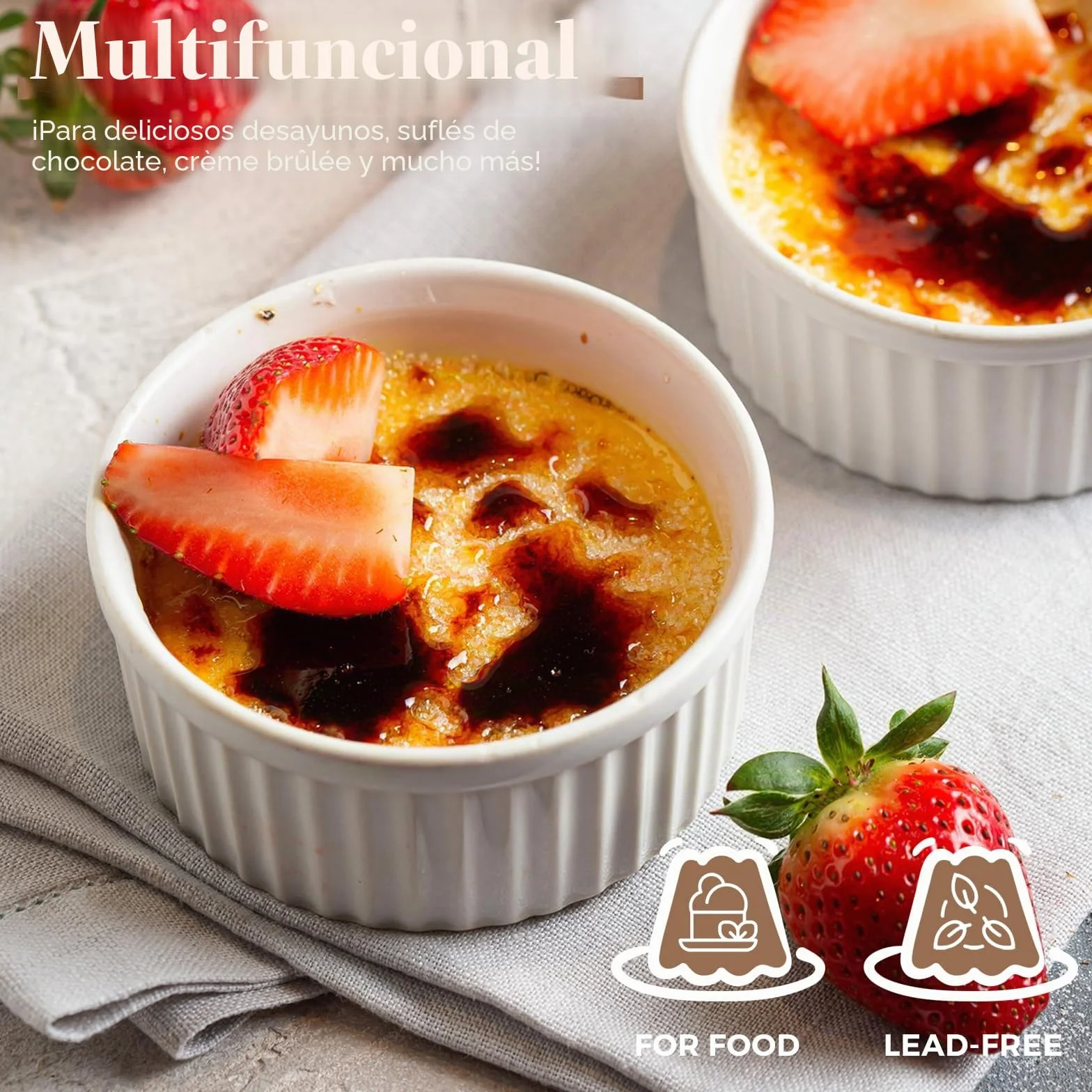 Woobroo Juego de 6 Ramequines de Cerámica para Horno | Para Postres Soufflé, Flan y Crème Brûlée | 9cm 200ml | Blancos | Flaneras Individuales