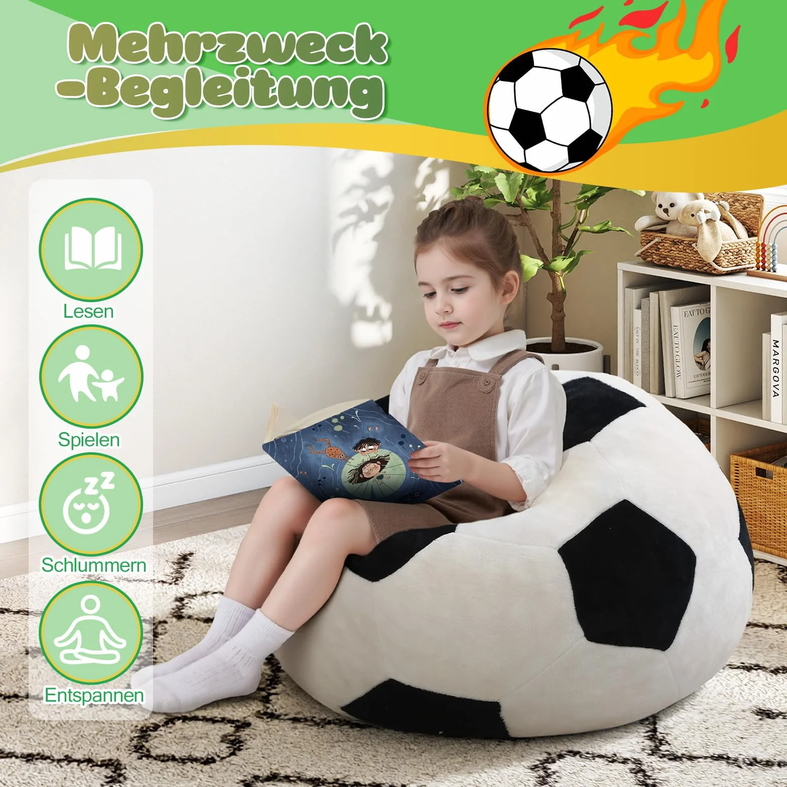 MeMoreCool Puf infantil diseño de fútbol – Suave franela Beanbag con relleno de espuma de alta densidad – Sillón acogedor para niños y niñas en el rincón de la habitación infantil y sala de juegos