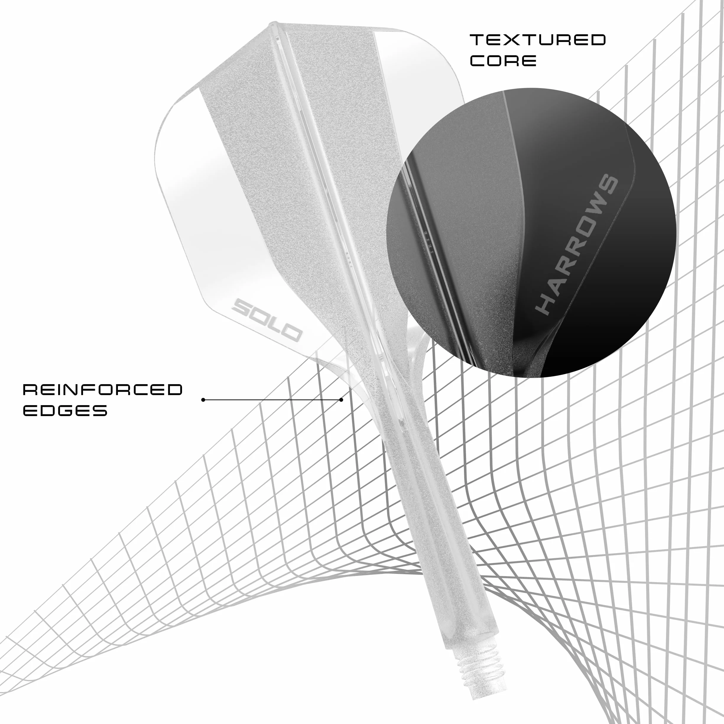 Harrows Solo Sistema integrado de vuelo y eje, 3 vuelos y ejes moldeados, construcción de núcleo aerodinámico de una sola pieza, diseño fijo de 90° para estabilidad, transparente medio