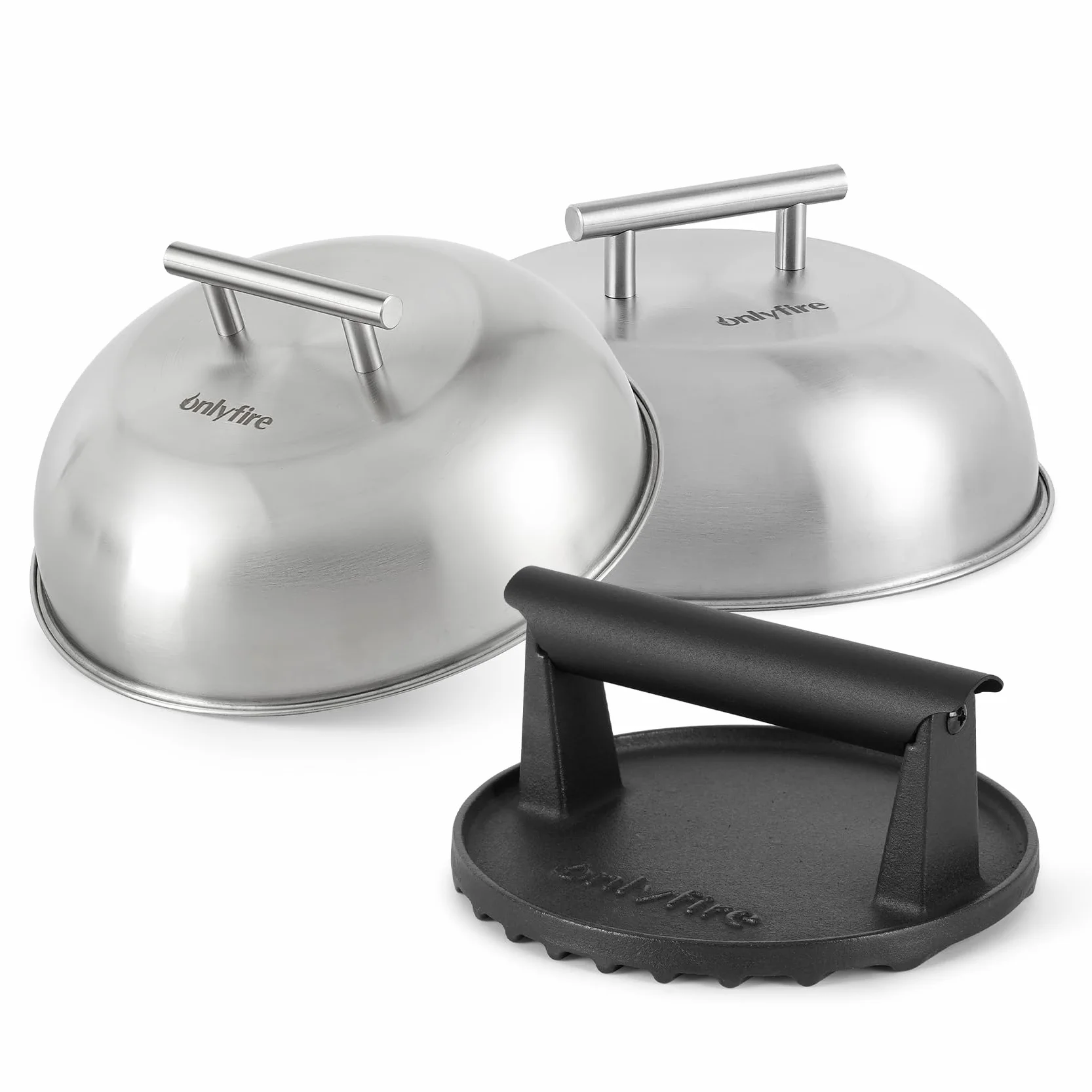 onlyfire Smash Burger Kit, Smash Burger de Hierro Fundido de Φ15,2 cm y 2 Tapa para Hamburguesas de Φ22,8 cm, Kits de Utensilios Profesionales para Barbacoa, Teppanyaki y Camping