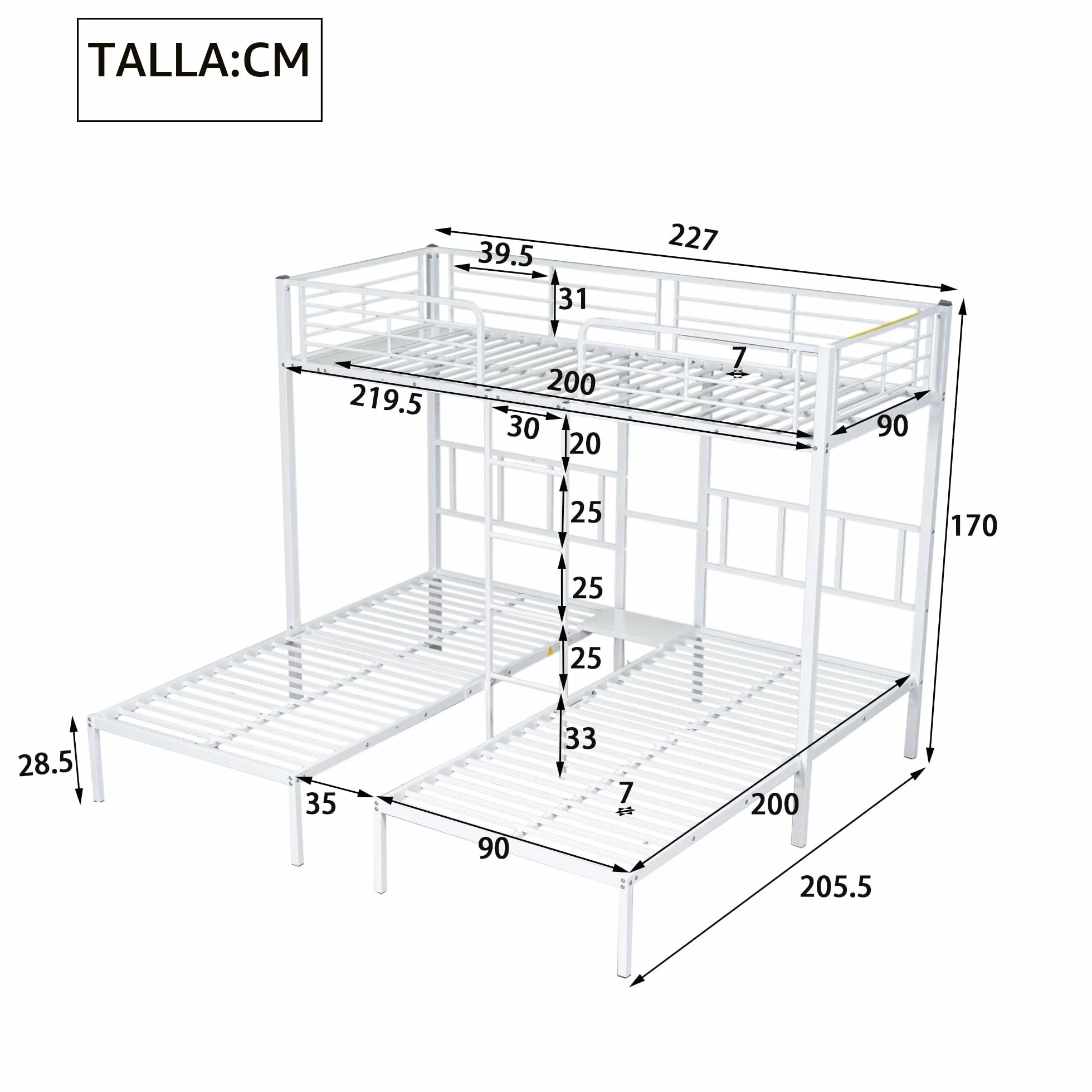 Moimhear Cama Triple, litera Triple con Escalera para niños y Adolescentes, Cama de Hierro con Puerta de Seguridad y Mesa (90x200cmx3, Blanco)