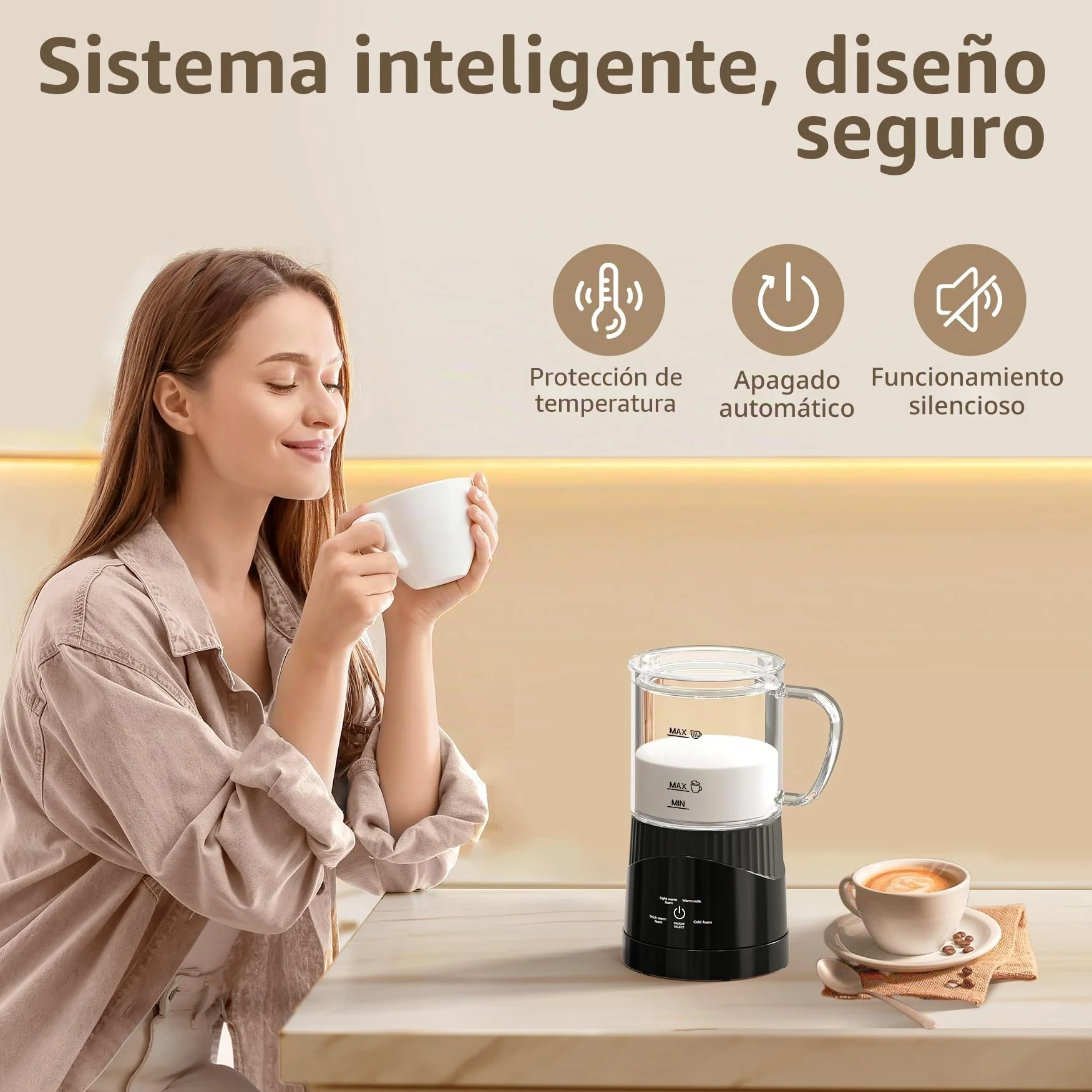 OMISOON Espumador de leche eléctrico 4 en 1 de 400 ml, espumador de leche automático de inducción de 500 W, apagado automático, para espuma de leche fría y caliente, latte macchiato, capuchino, negro
