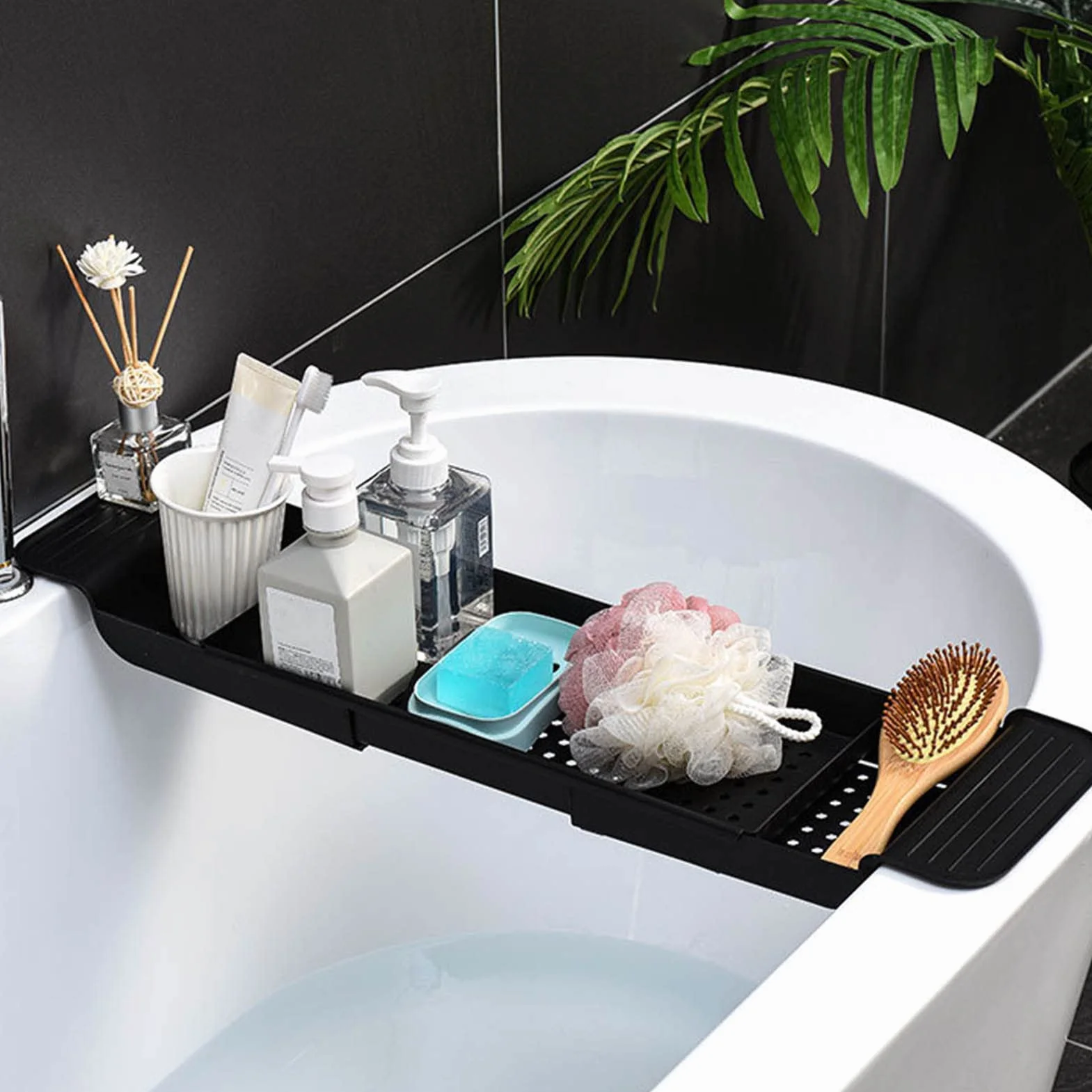 Bandeja para Bañera, Mesa para Bañera con Carrito de Baño Colocación Estable para Baño (Negro)