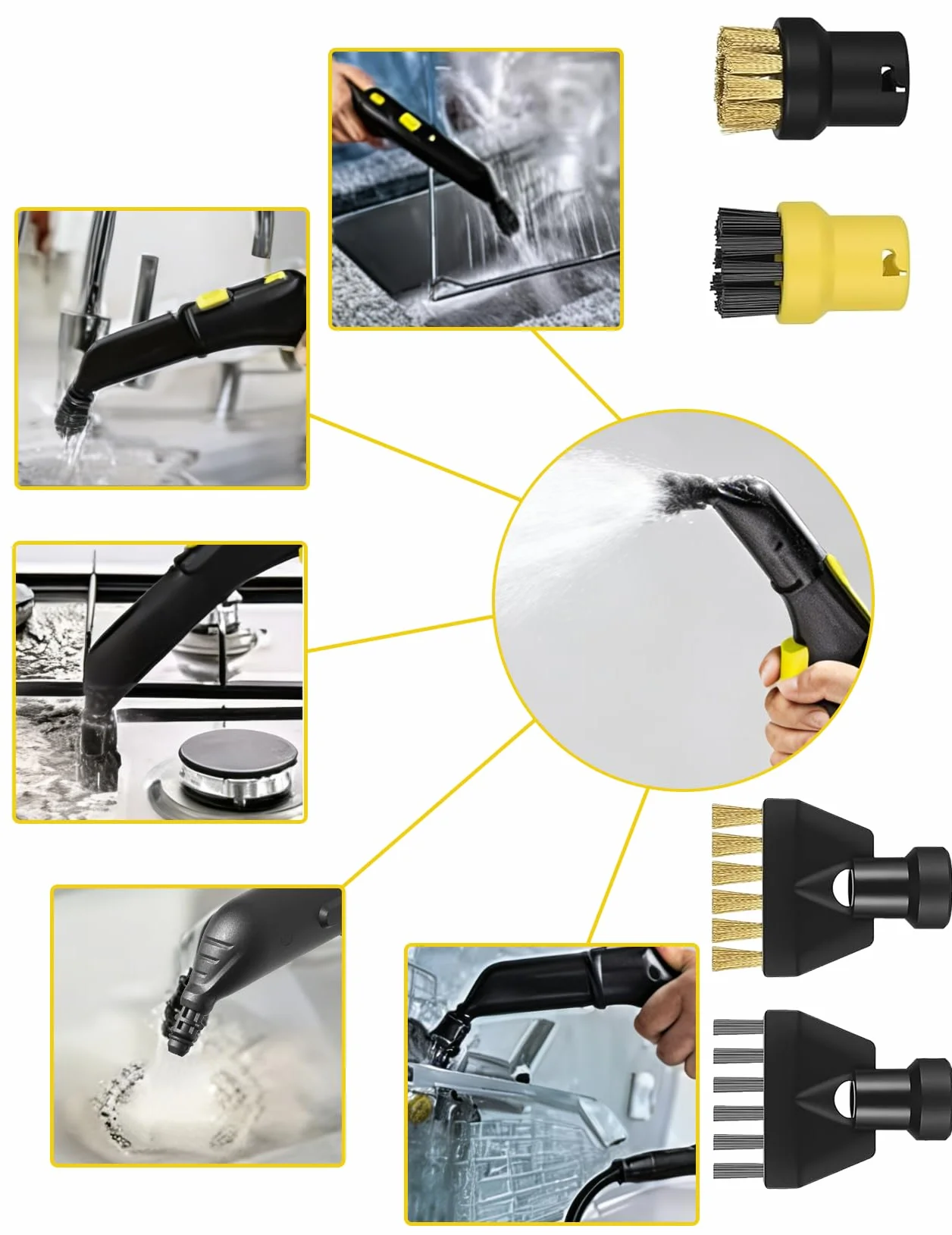 Kit de 9 piezas accesorios compatibles con limpiador de vapor Kärcher SC1 SC2 SC3 SC4 SC5, cepillo redondo, cepillo plano, boquilla curvada, cepillo de vapor manual, funda de paño de limpieza