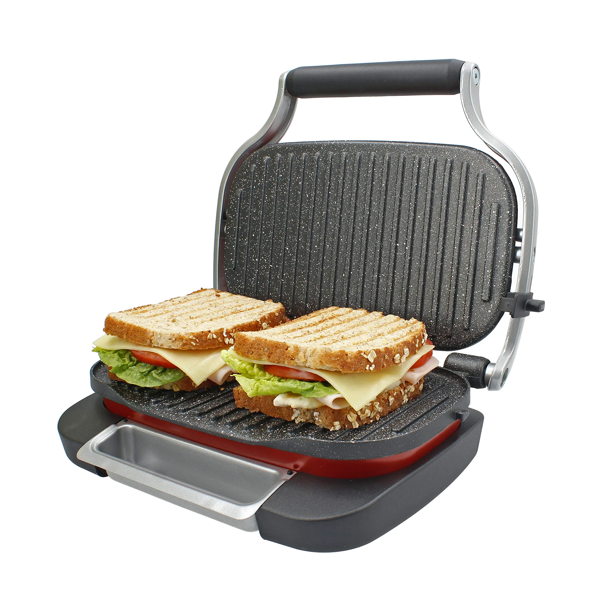 TM Electron TMPGR003RED grill eléctrico estilo retro, calentamiento rápido, revestimiento antiadherente de 5 capas, control de altura y temperatura, bandeja de residuos extraíble, 1300W