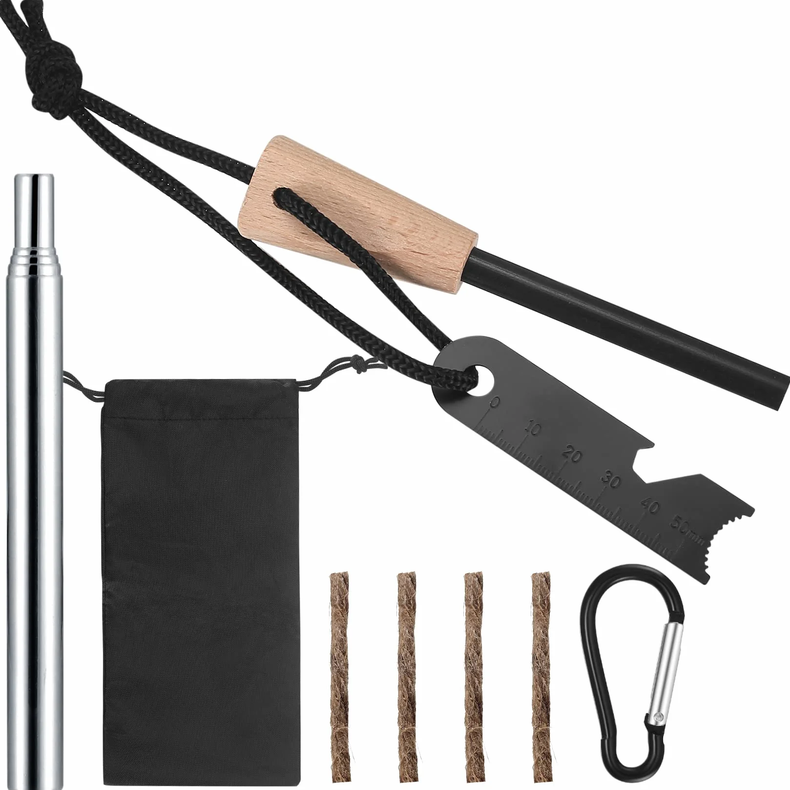 Pedernal de Supervivencia Pedernal para Fuego Encendedores de Acero con Mango de Madera Camping Exterior