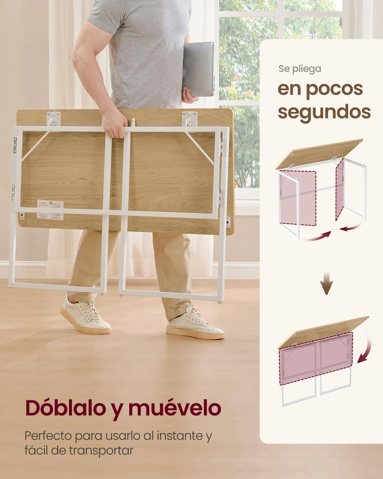 VASAGLE Mesa Plegable, Escritorio Plegable, Tablero de una Pieza, Bordes Redondeados, para Dormitorio, Balcón o Camping, Fácil Montaje, 100 x 50 cm, Roble Natural LWD152YD01