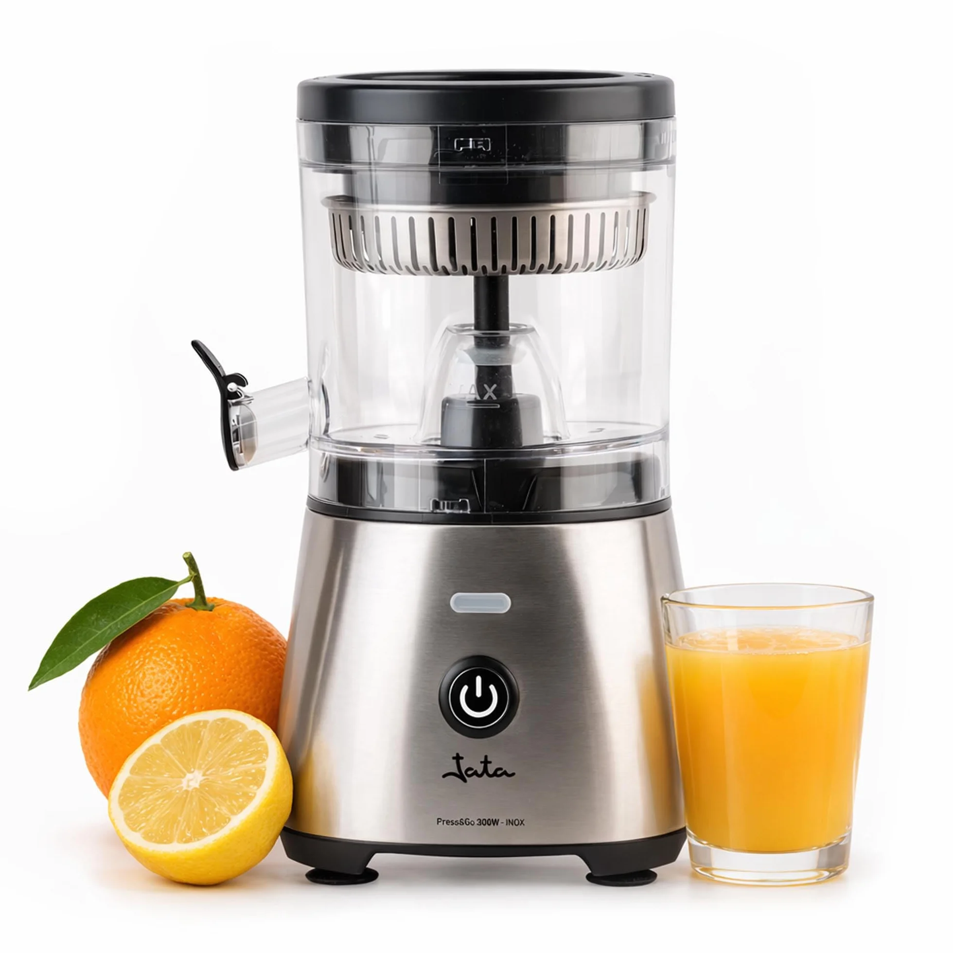JATA JEEX1616 - Exprimidor de Naranjas Eléctrico Automático 300 W | Cuerpo y filtro de acero inoxidable | Sistema antigoteo | Apto para todo tipo de frutas | Piezas desmontables. Base Antideslizante
