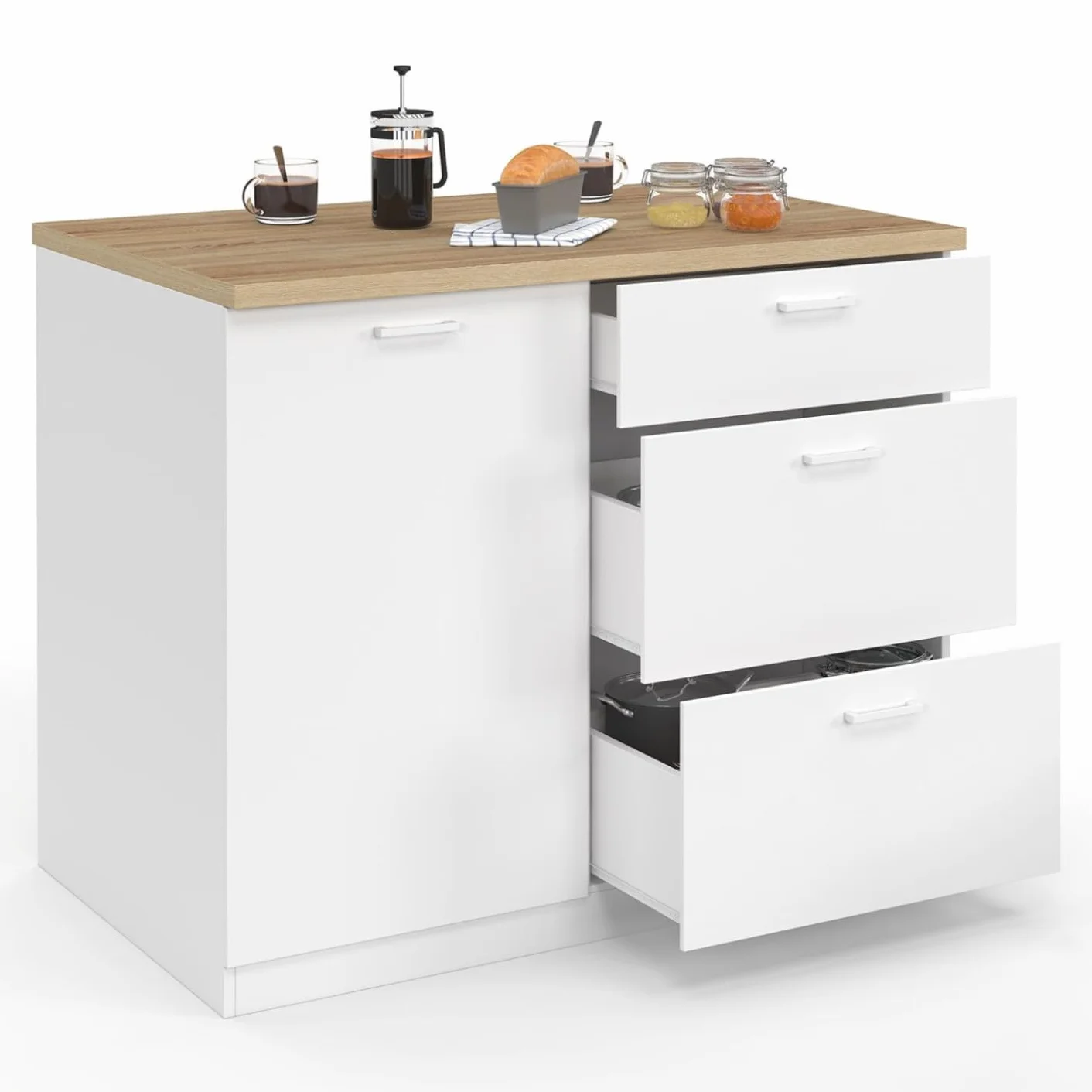 IDMarket - Isla central TIBO 110 cm de extensión frontal con 3 cajones de madera blanca con encimera de haya
