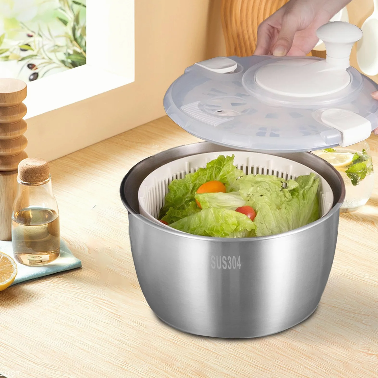 y centrifugadora de lechuga,Secadora de frutas | Girador de verduras para | ensalada,Secador de lechuga, de frutas, de verduras con mango giratorio, de ensaladas de acero inoxidable, utensilios de coci