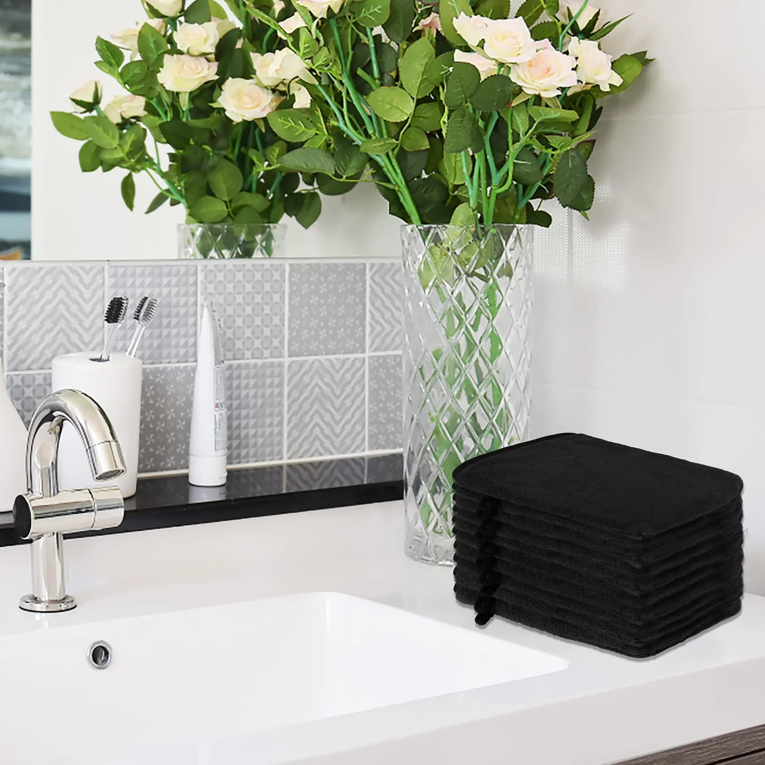 PHOGARY Paquete de 10 Piezas de Manoplas de baño Guantes para lavarse tamaño 15x21 cm manopla de Franela Suave para la Cara, Negro
