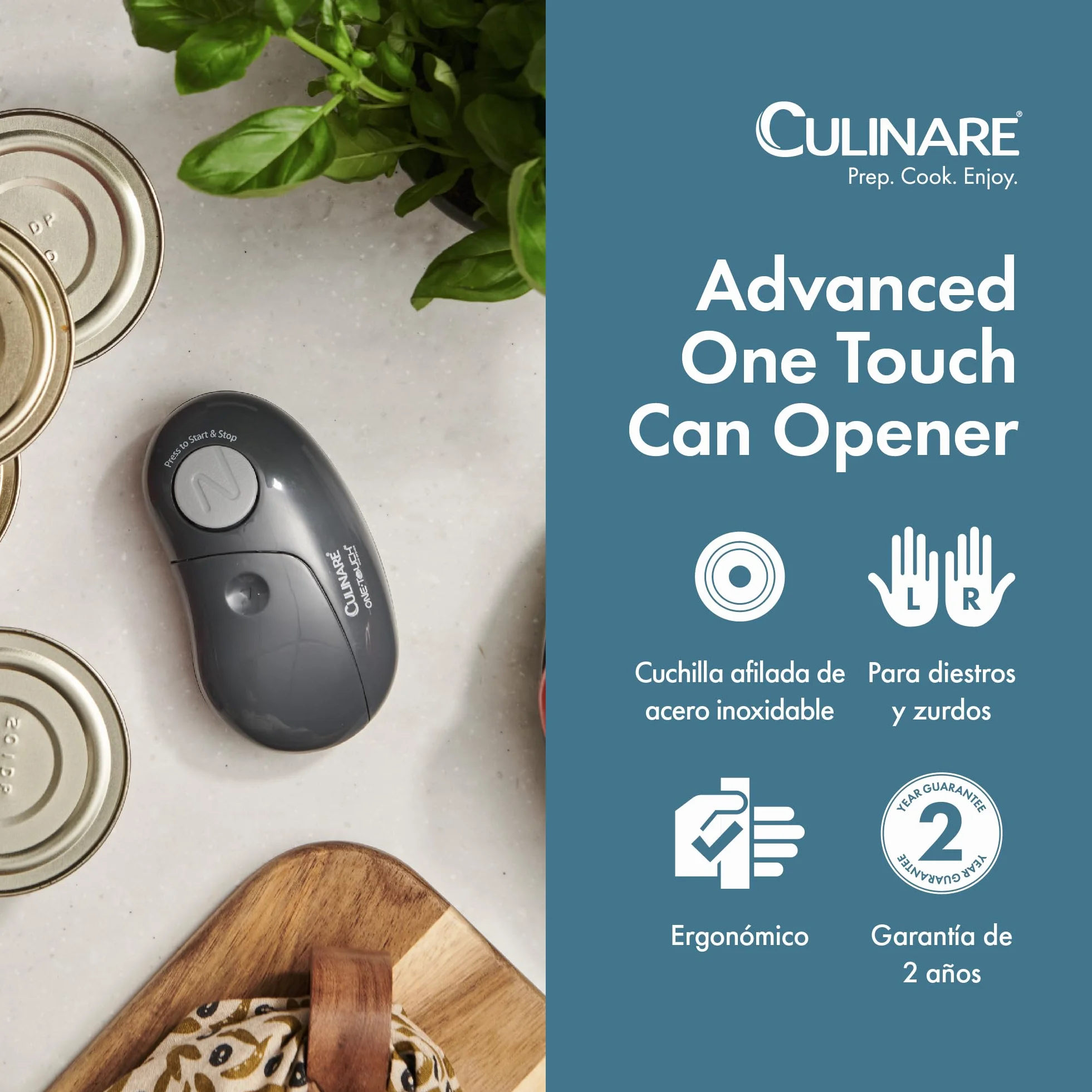 Culinare Abrelatas Electrónico One Touch, Gris, Plástico/acero Inoxidable, Abrelatas Automático, Funciona Con Pilas/uso Manos Libres/Extracción Magnética de Tapa, Pilas No Incluidas