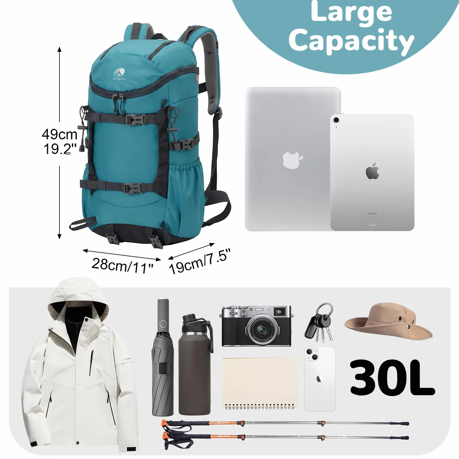 Mochila Senderismo 30L Impermeable Ligera Grande Azul