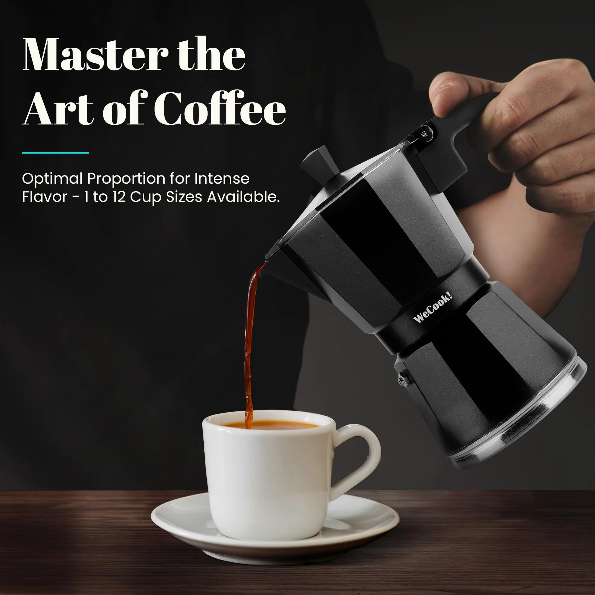 WECOOK! Luccia Cafetera Italiana, Inducción, Aluminio, Express, 1 - 3 Tazas Café, Apta para todas las Cocinas, Color Negro, Junta de Cierre de Silicona, Válvula de Seguridad.