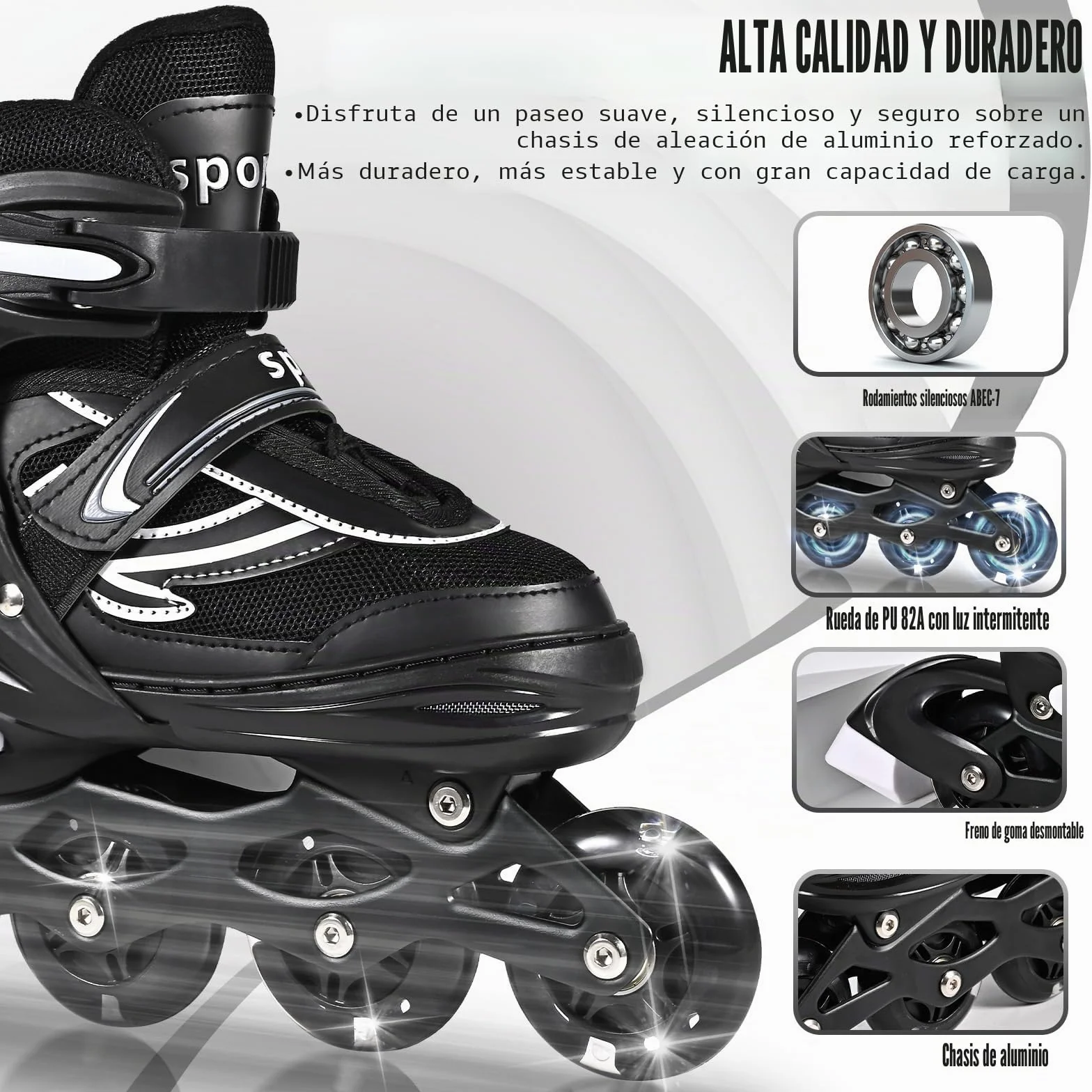 Patines en línea Ajustables para Niños y Niñas, Negro y Blanco, 4 Ruedas Luminosas para Adolescentes y Adultos